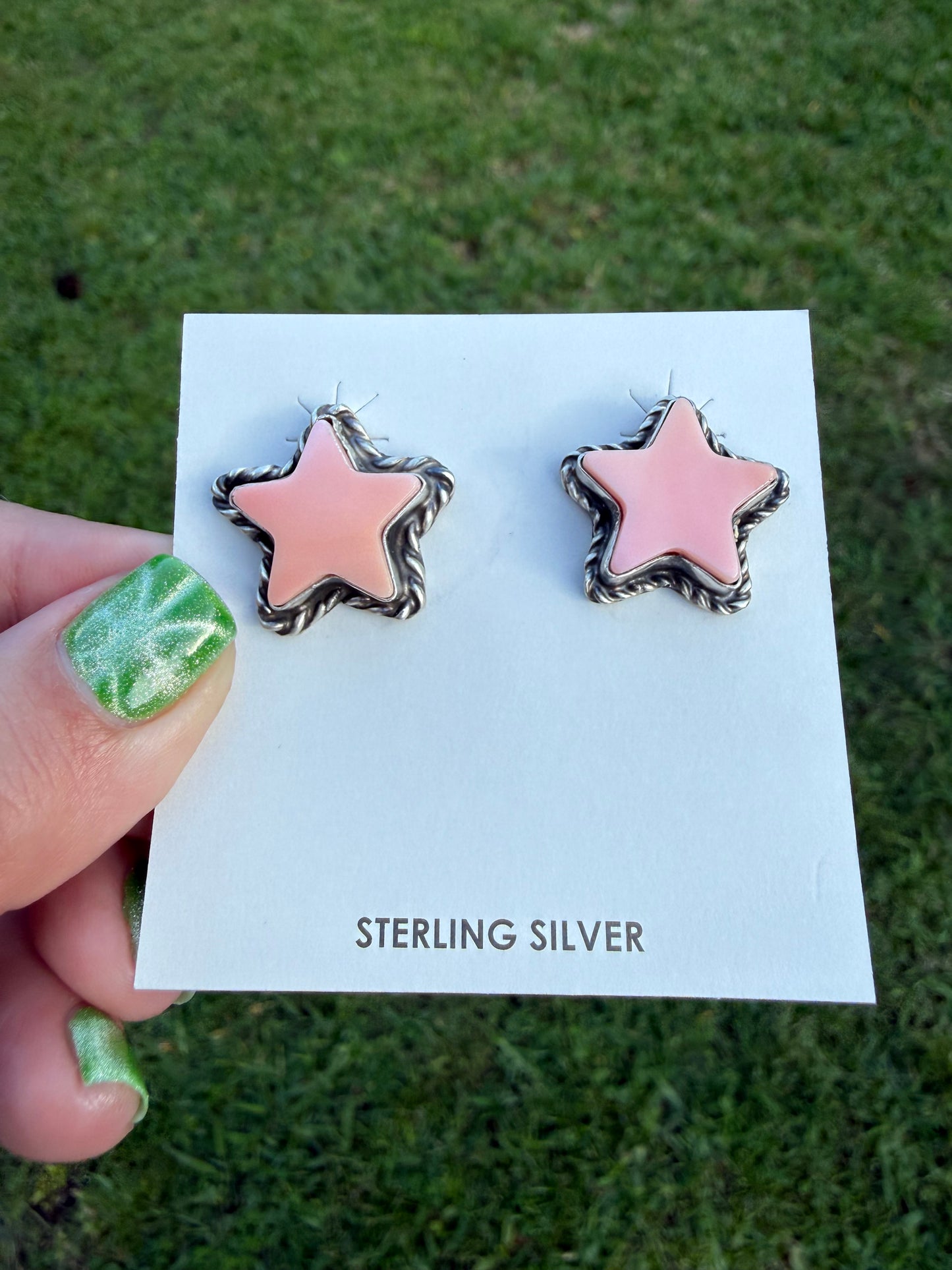 Navajo Pink Conch Star Sterling Silver Earrings by Larson Chee
