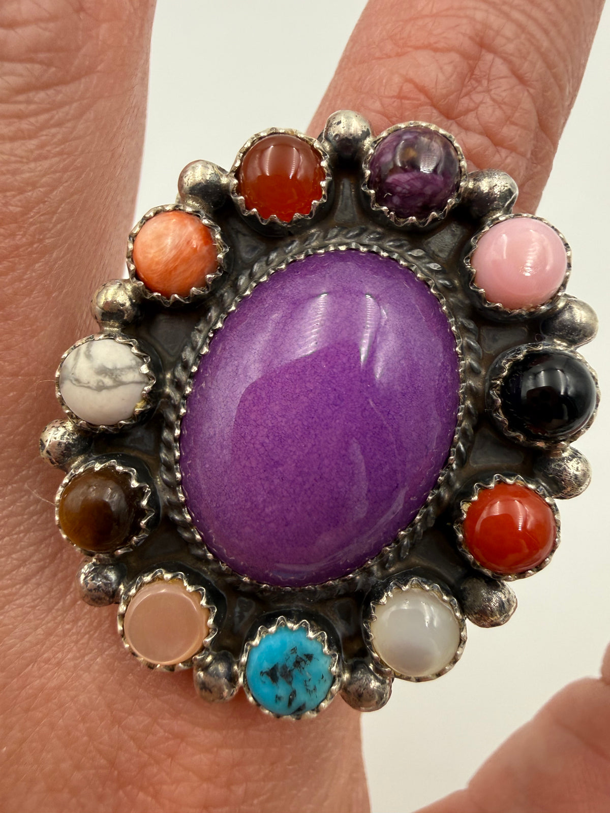 Navajo Multi Stone Full Flower Cluster Sterling Silver Ring - Size 8