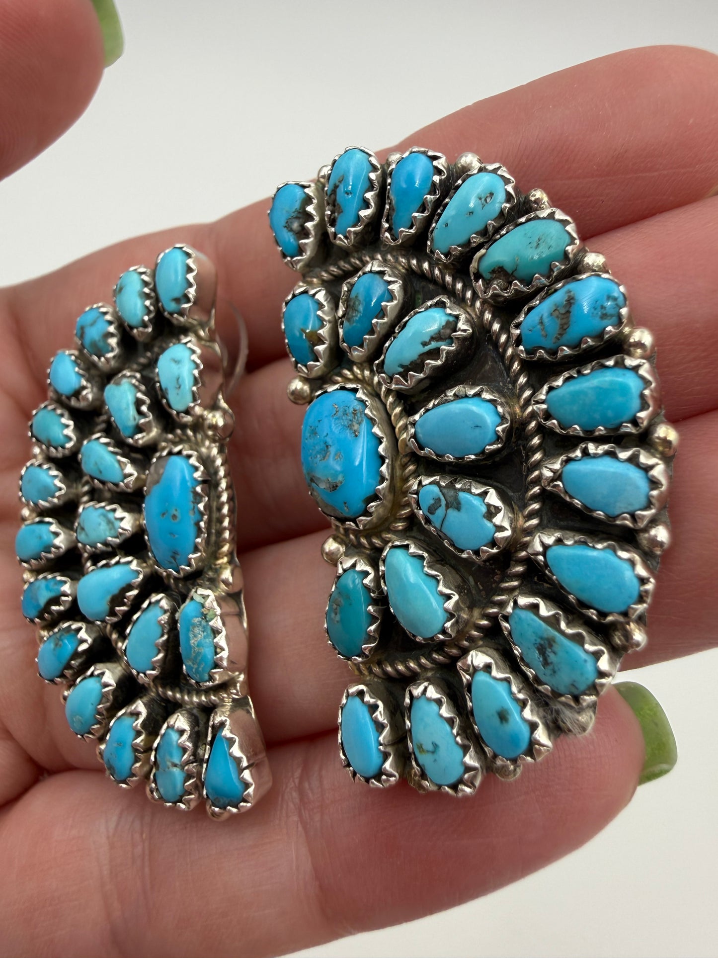 Native Turquoise Huge Half Cluster Sterling Silver Earrings
