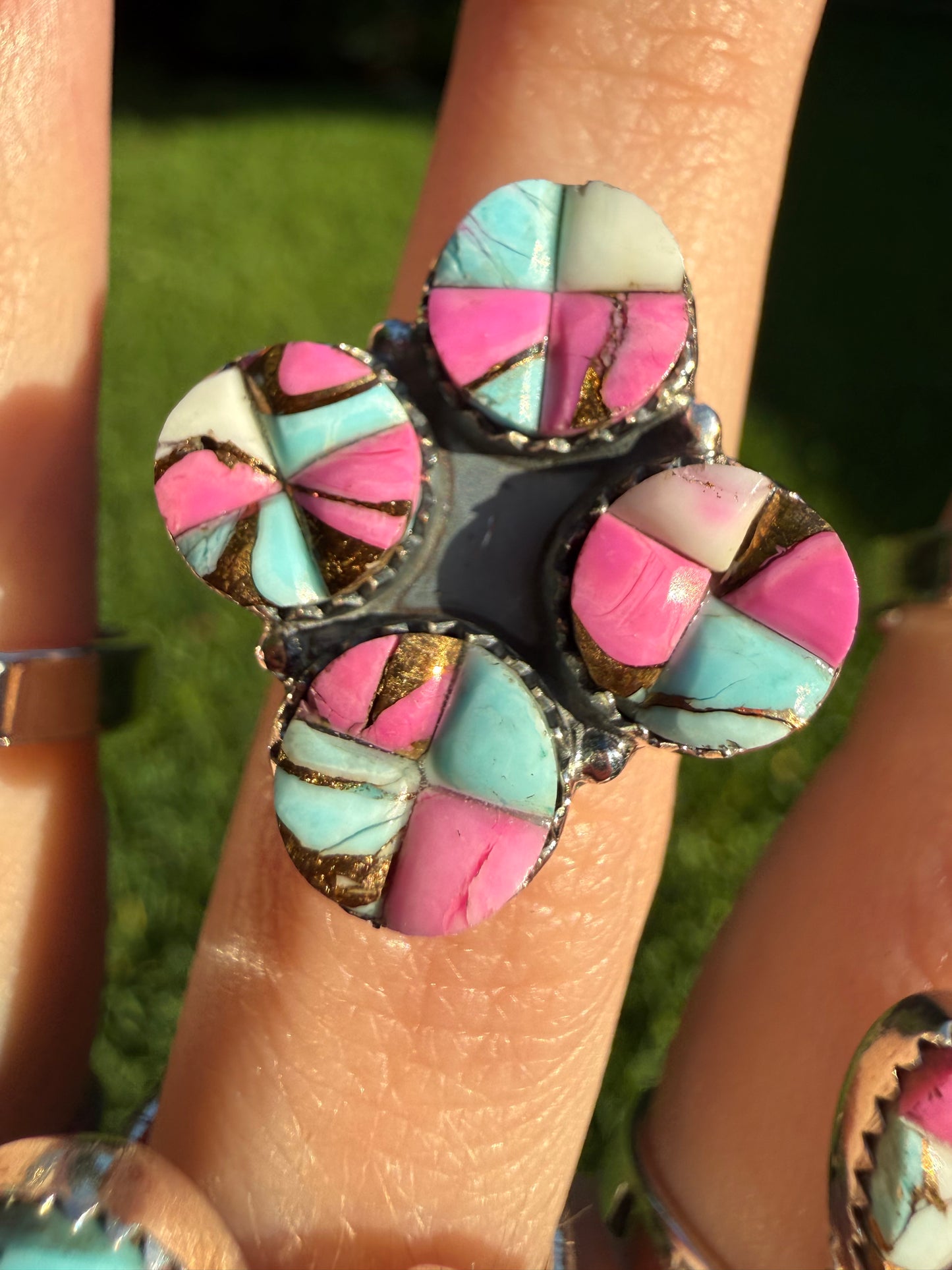 Cotton Candy Turquoise Cobblestone Sterling Silver Adjustable Rings