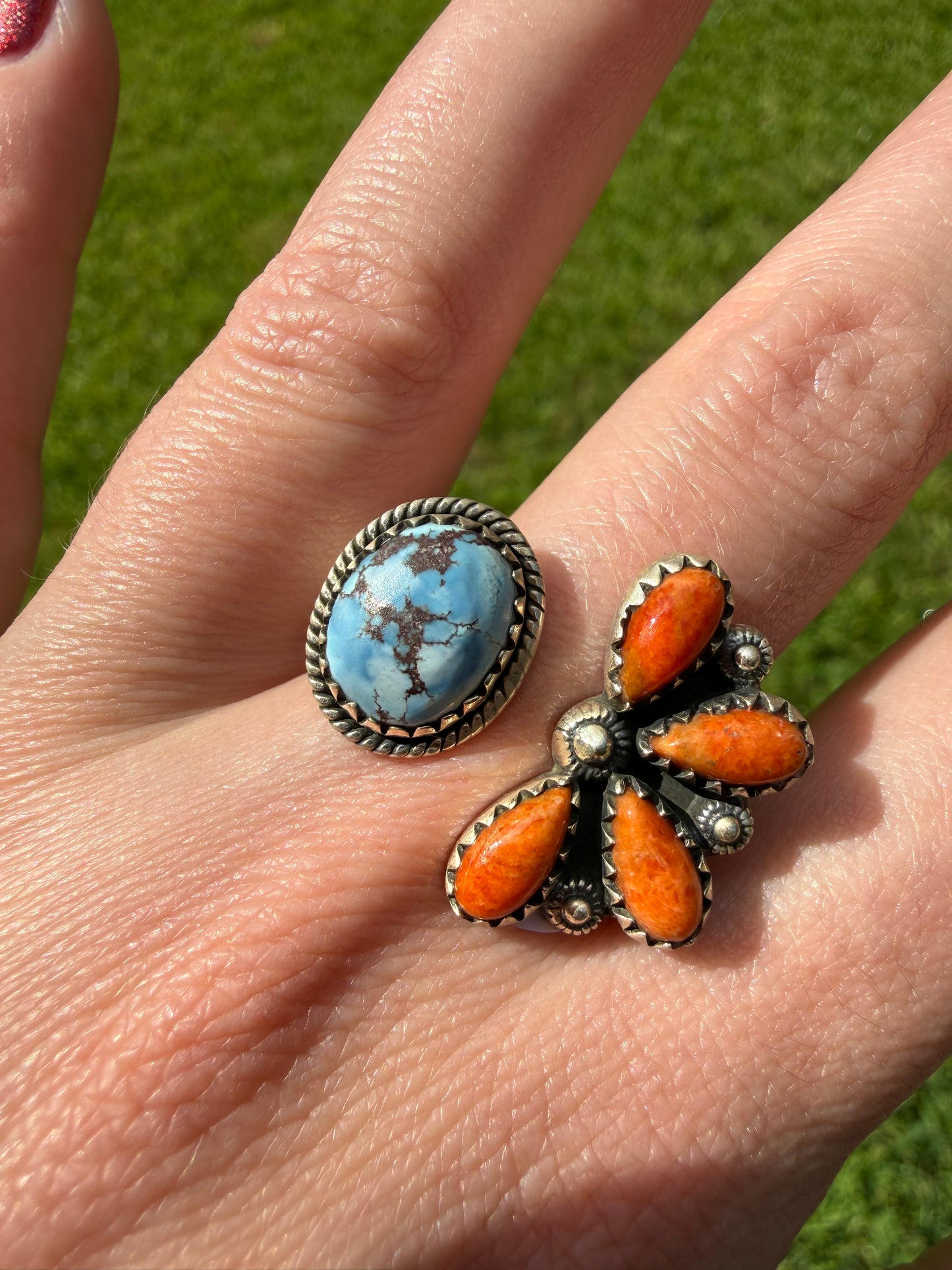 Golden Hills Turquoise and Orange Mojave Half Flower Floater Sterling Silver Ring