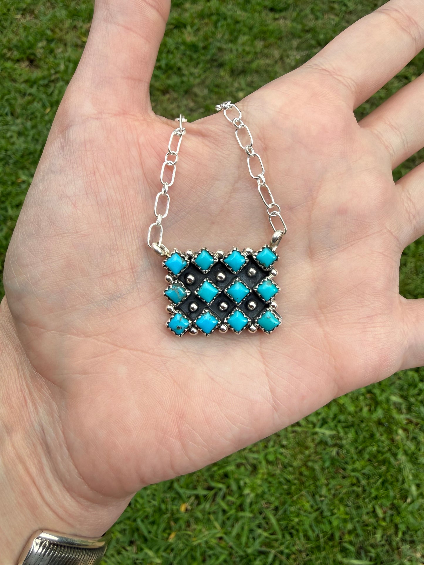 Navajo Turquoise Cluster Bar Sterling Silver Necklace by