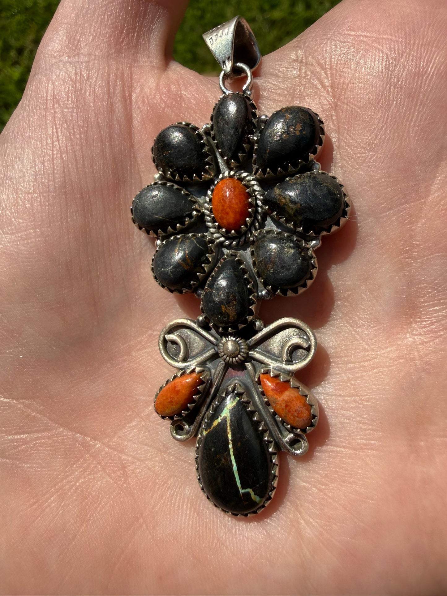 Blackjack Turquoise and Orange Mojave Full Flower Sterling Silver Statement Pendant