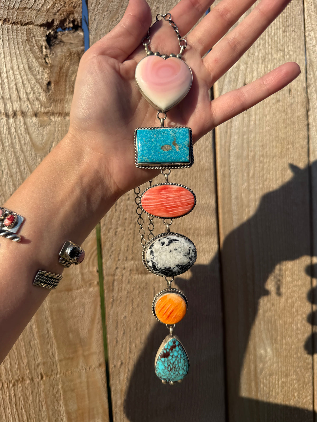 Navajo Big Statement Multi Stone Sterling Silver Lariat Necklace by Vicky Hicks