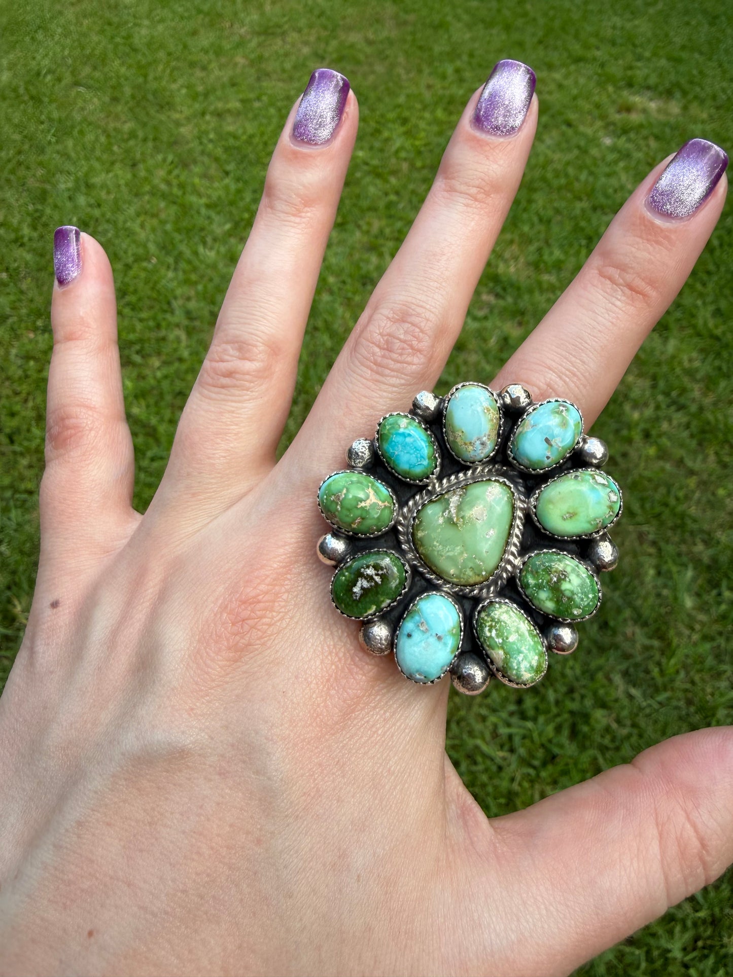 Native Sonoran Gold Turquoise Statement Full Flower Adjustable Sterling Silver Ring