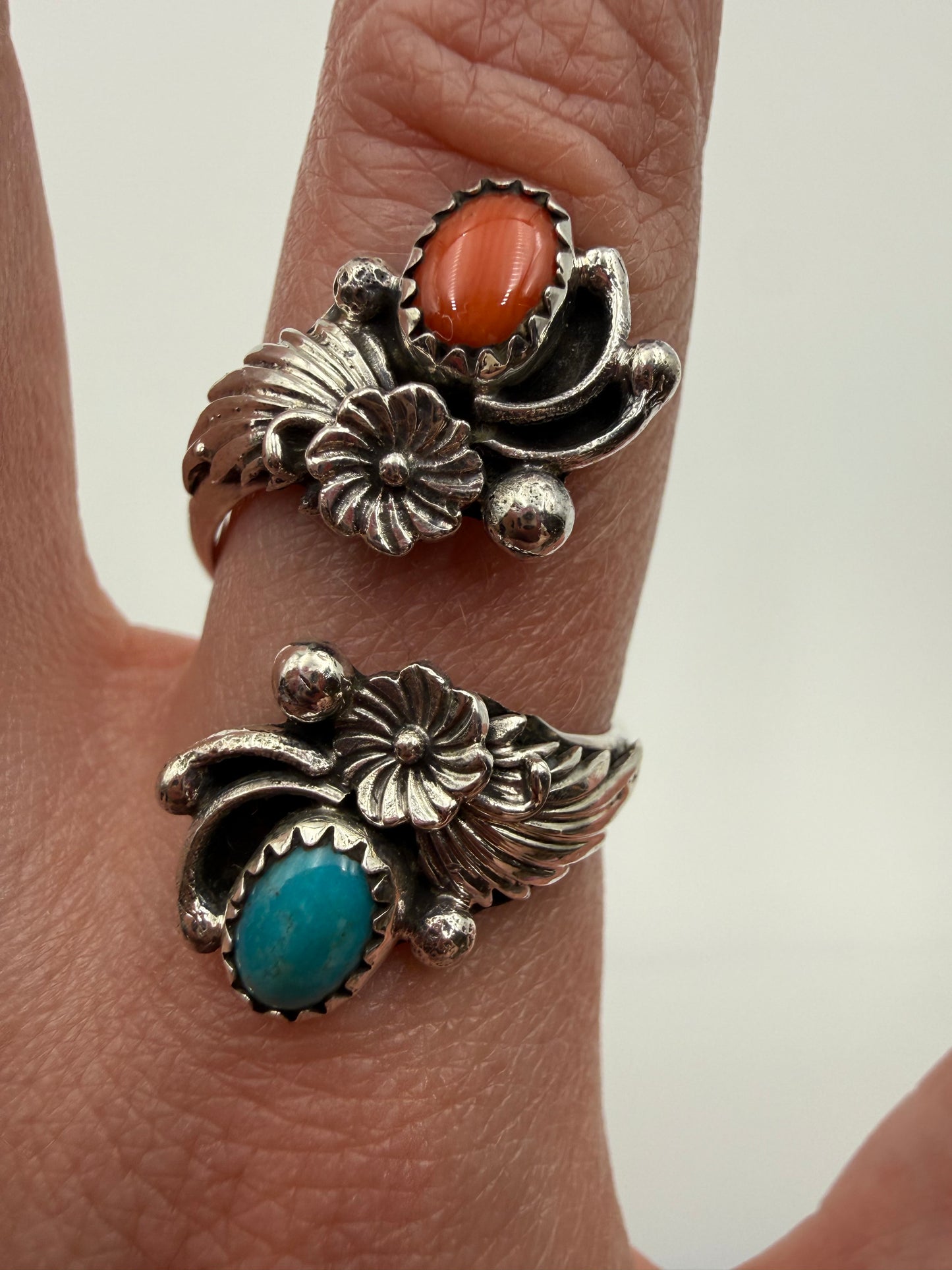 Navajo Turquoise and Coral Flower Floater Bypass Ring