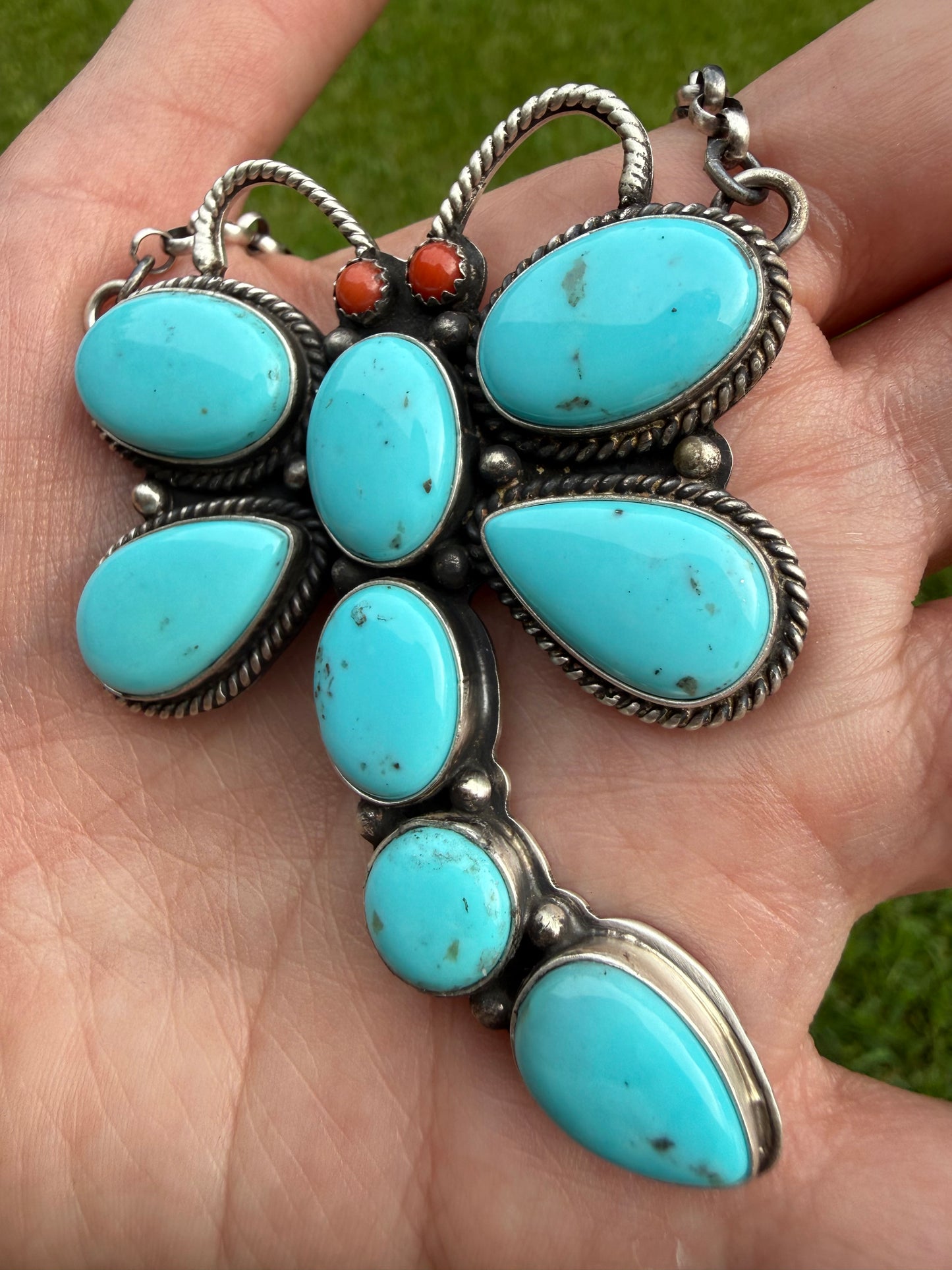 Turquoise and Coral Dragonfly Sterling Silver Statement Necklace