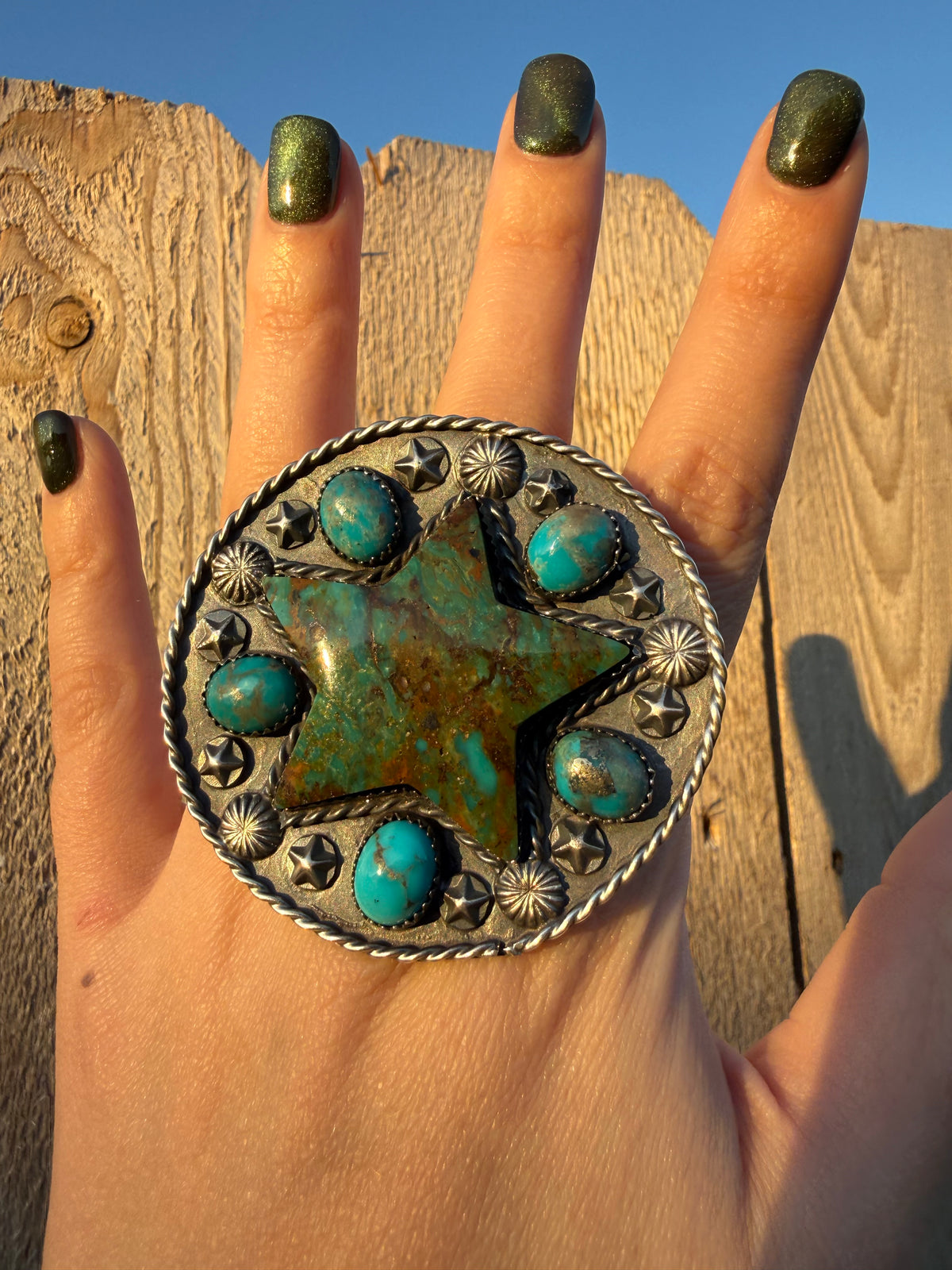 Navajo Turquoise Star Statment Cluster Sterling Silver Adjustable Ring