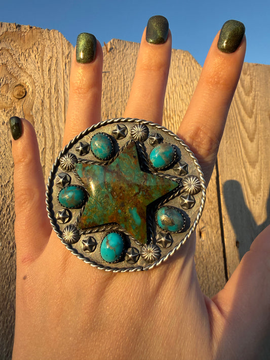 Navajo Turquoise Star Statment Cluster Sterling Silver Adjustable Ring