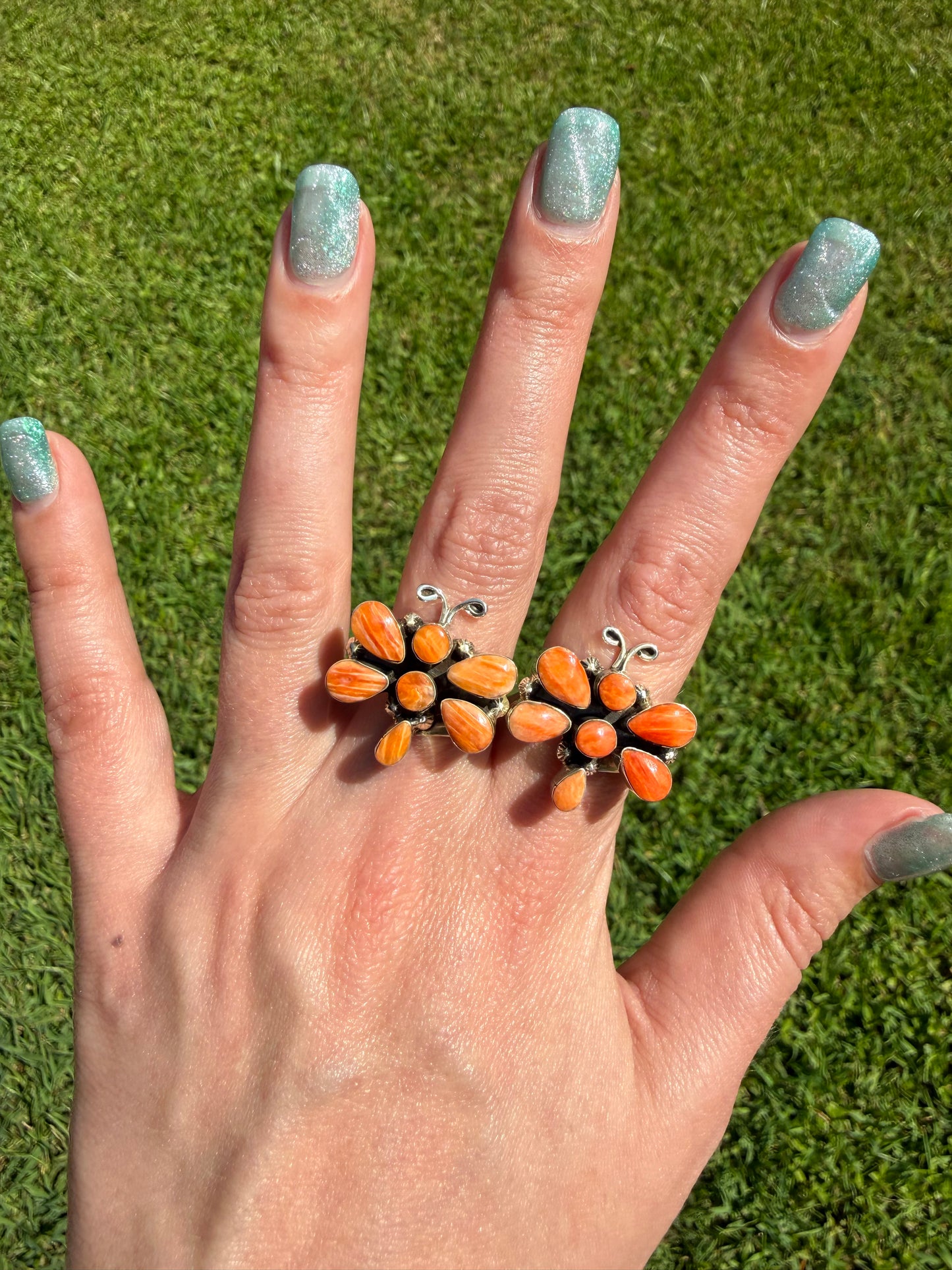 Navajo Orange Spiny Dragonfly Sterling Silver Ring