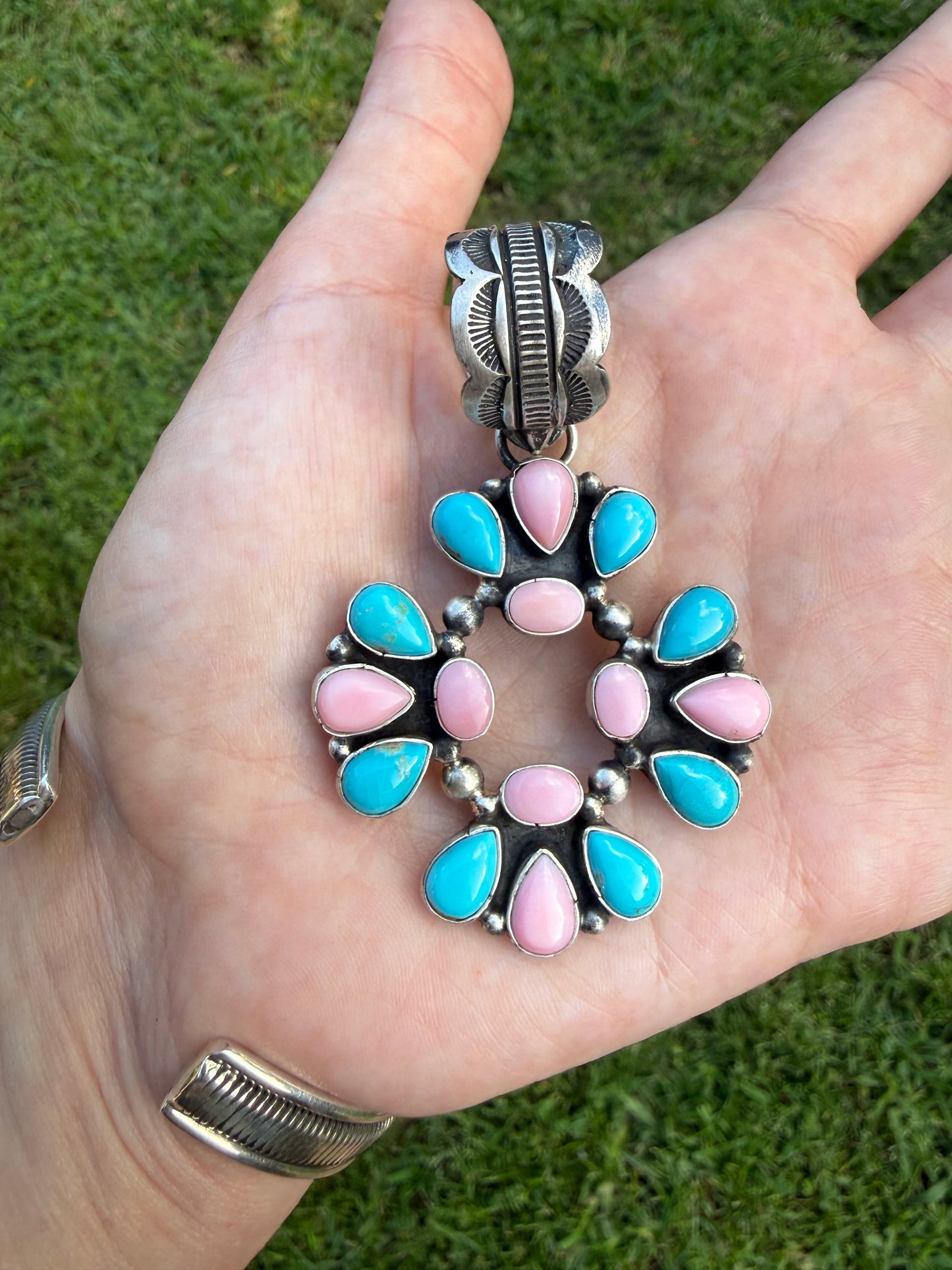 Navajo Pink Conch and Turquoise Cluster Sterling Silver Pendant