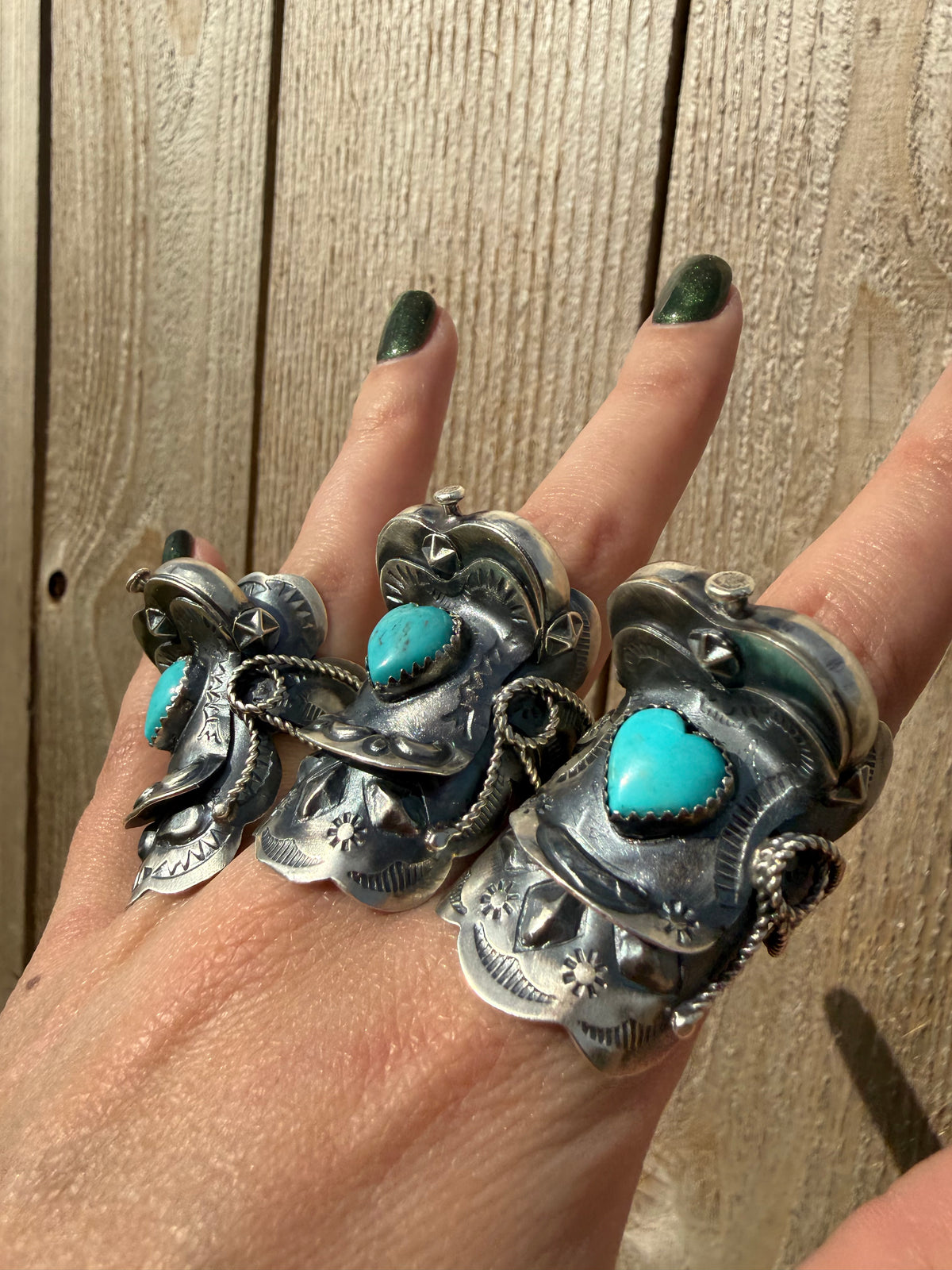 Navajo Turquoise Heart Saddle Sterling Silver Adjustable Ring by Tim Yazzie