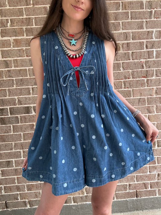 Lana Front Pleated V Neck Sleeveless Denim Romper - Polka Dot, Pink, Blue, Charcoal, Or Cheetah