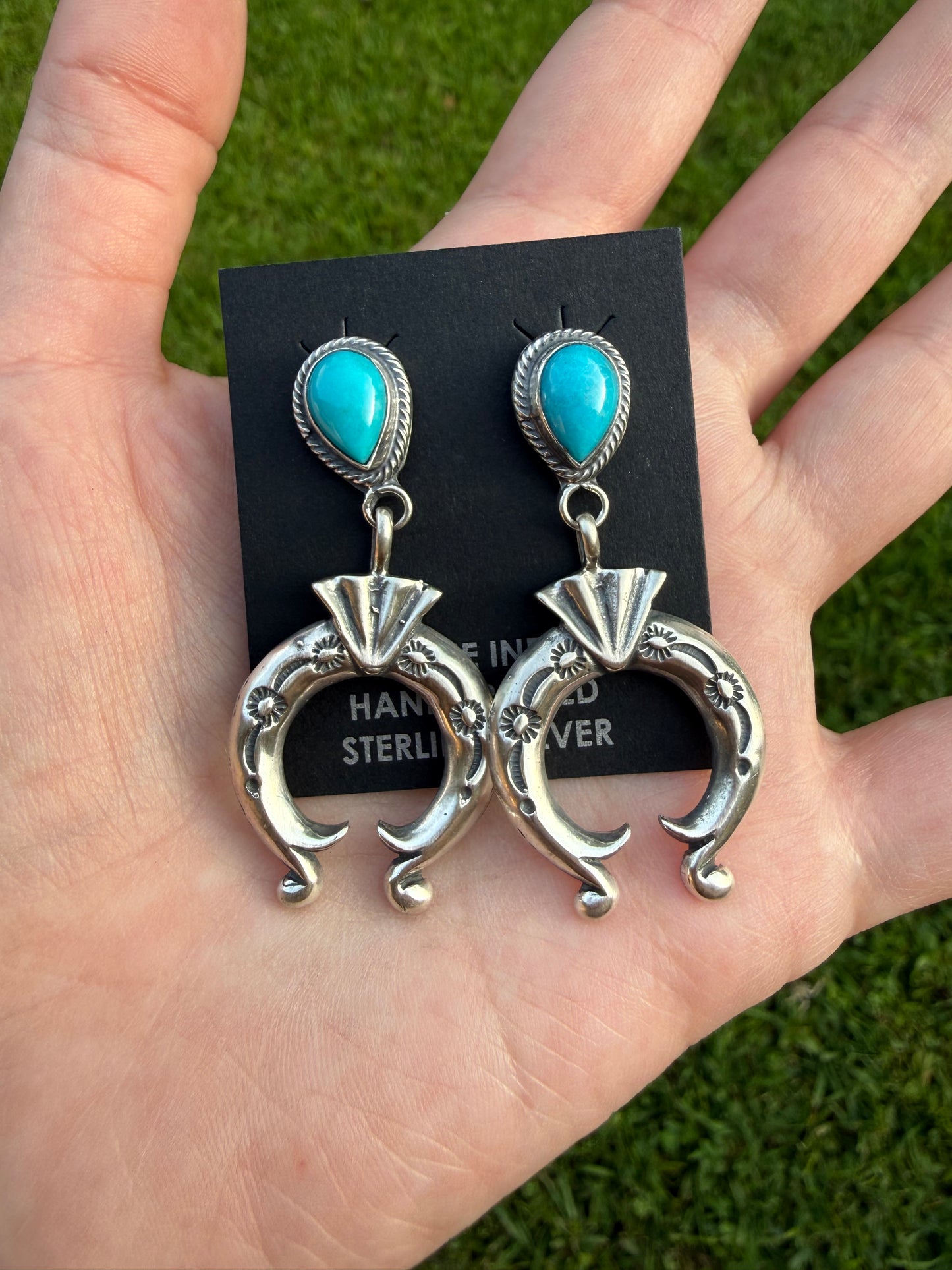 Navajo Turquoise Tear Drop Dangle Naja Sterling Silver Earrings