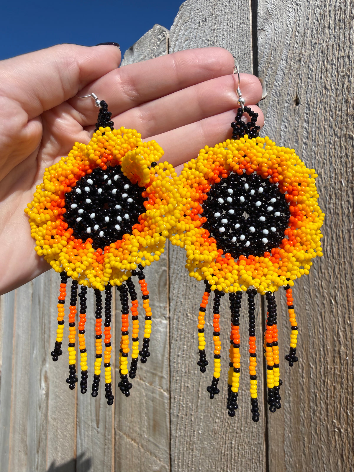 Native Beadwork Big Sunflower Sterling Silver Hook Statement Earrings