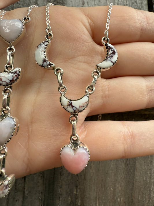 Pink Opal and Wild Horse Sterling Silver Lariat Necklace