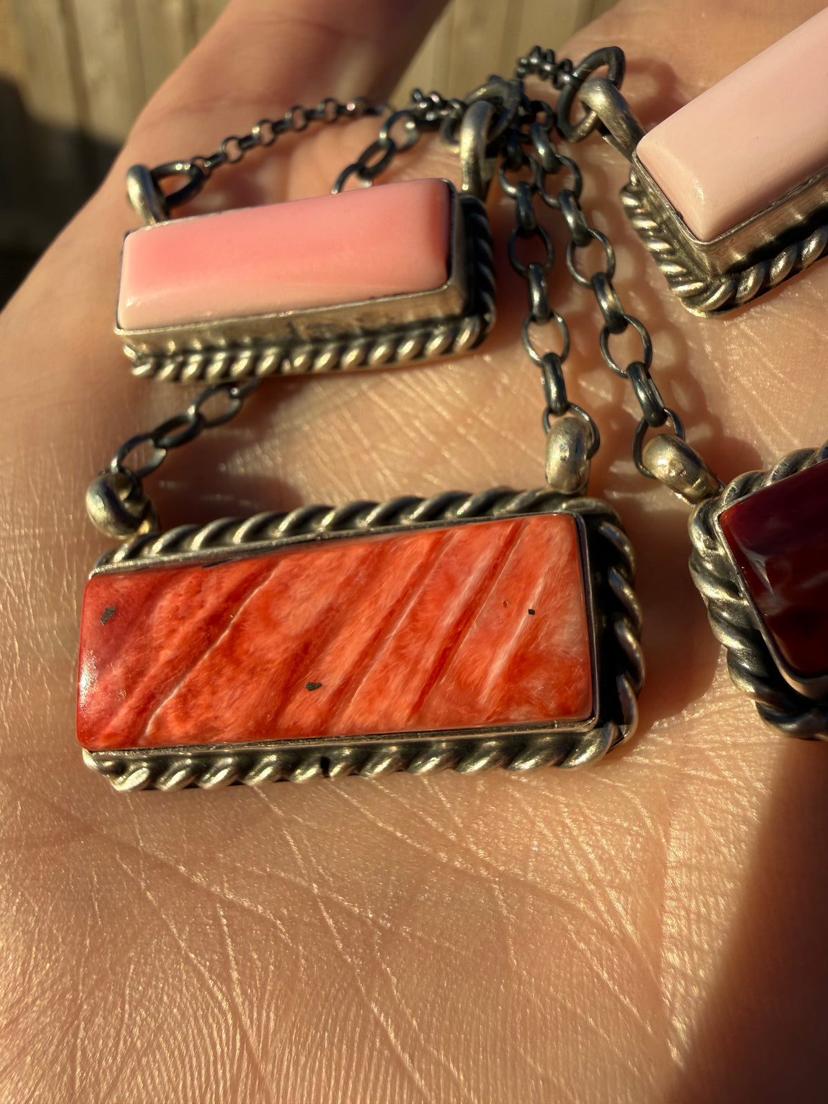 Navajo Classic Bar Pink Conch or Red Spiny Sterling Silver Necklace
