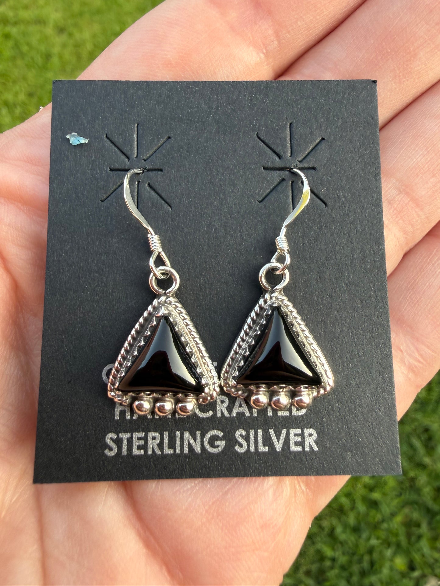 Navajo Black Onyx Triangle Dangle Sterling Silver Earrings