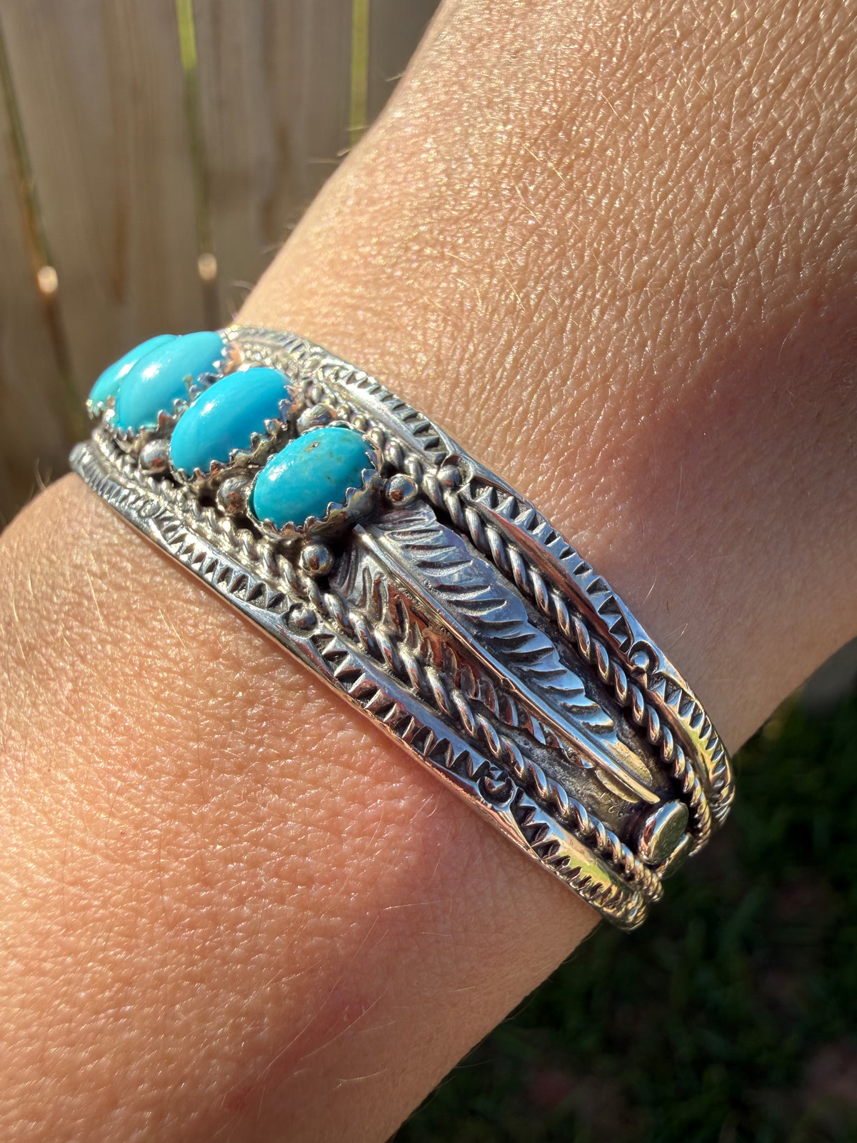 Navajo 5 Stone Thick Silver Detail Accented Sterling Silver Cuff Bracelet