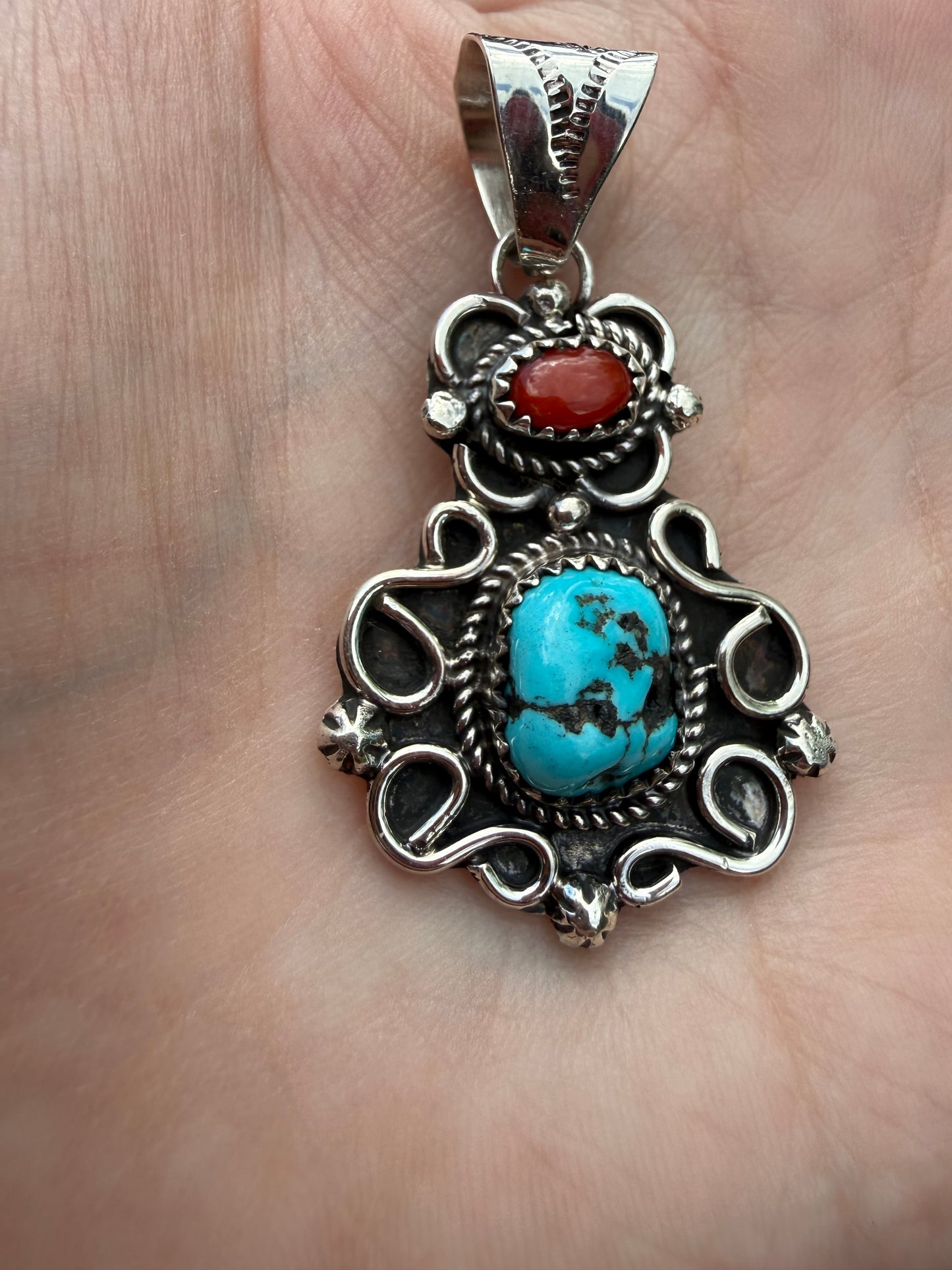 Navajo Coral And Turquoise Sterling Silver Pendant