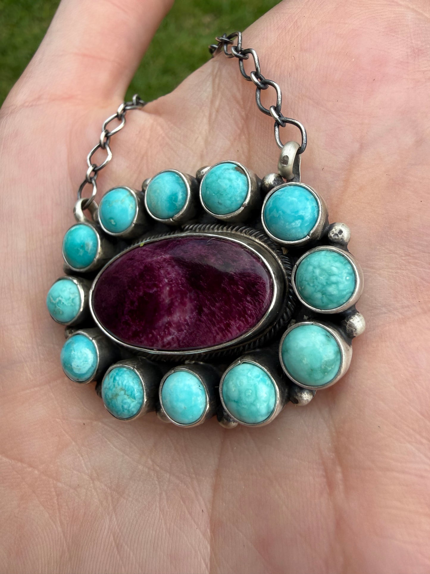 Native Turquoise and Purple Spiny Full Flower Cluster Sterling Silver Necklace