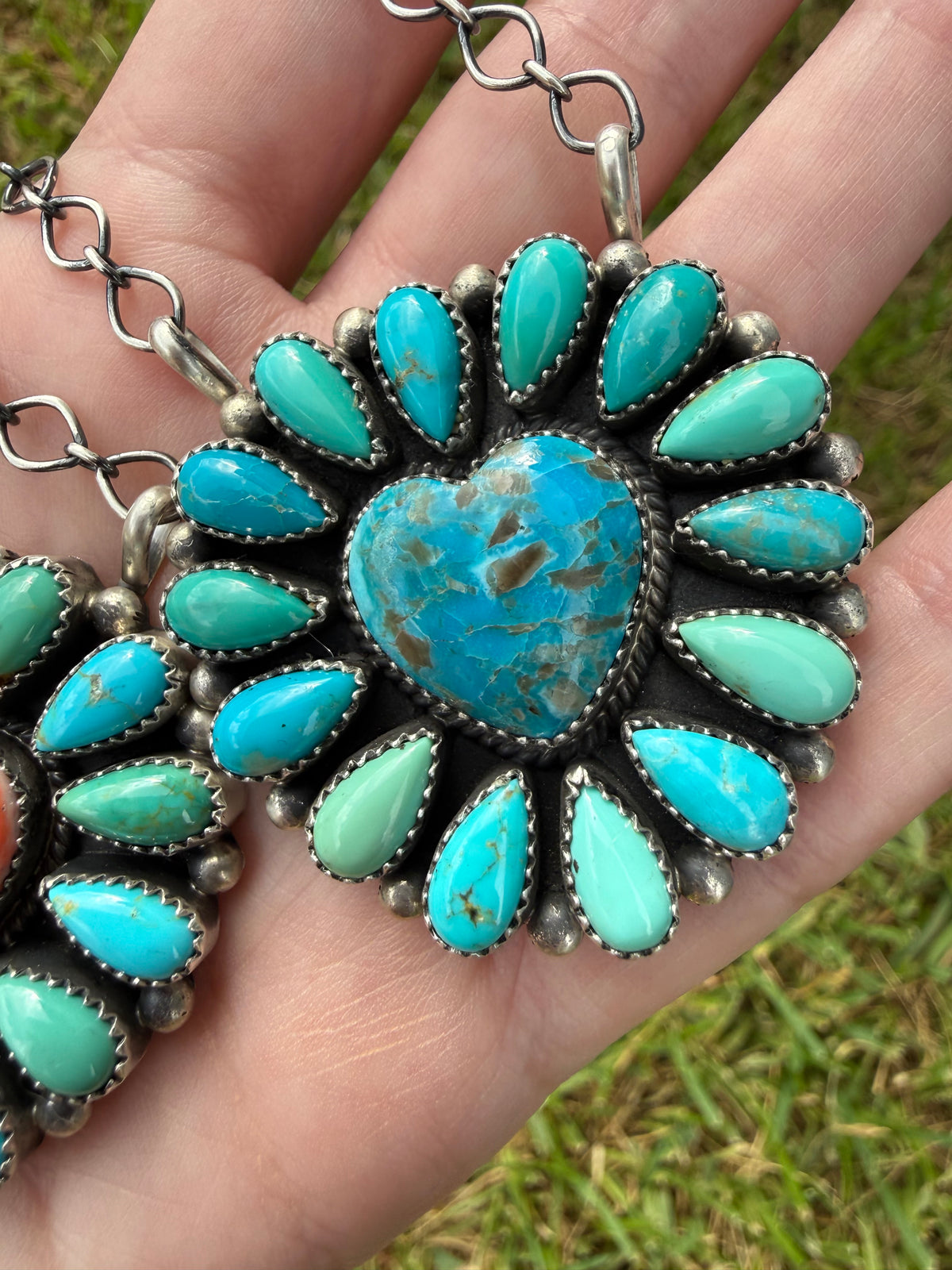 Navajo Turquoise Heart Full Flower Sterling Silver Necklace