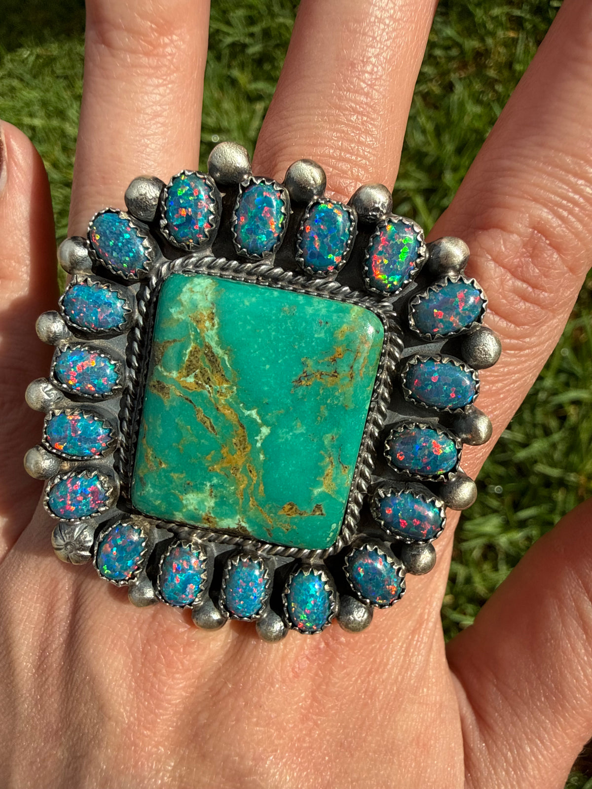 Navajo Turquoise and Balloon Opal Big Mama Square Sterling Silver Adjustable Statement Ring