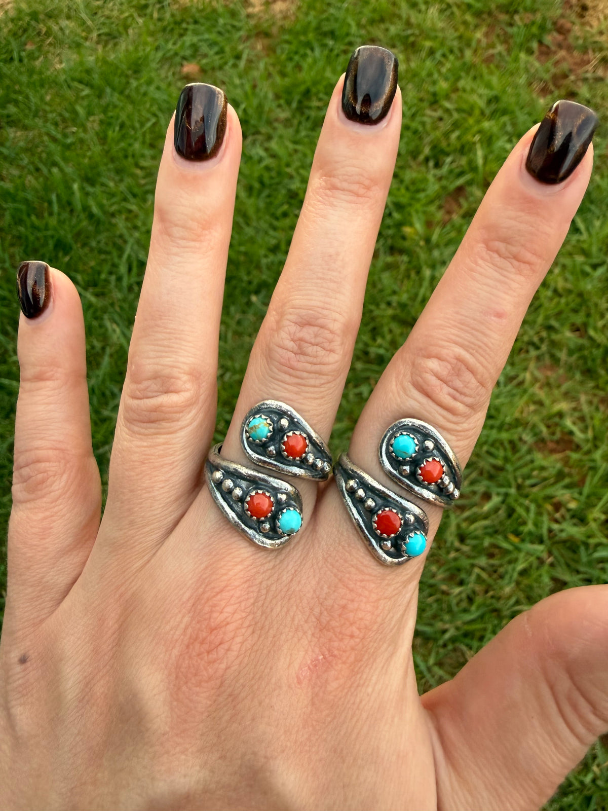 Navajo Coral and Turquoise Spoon Bypass Sterling Silver Floater Ring