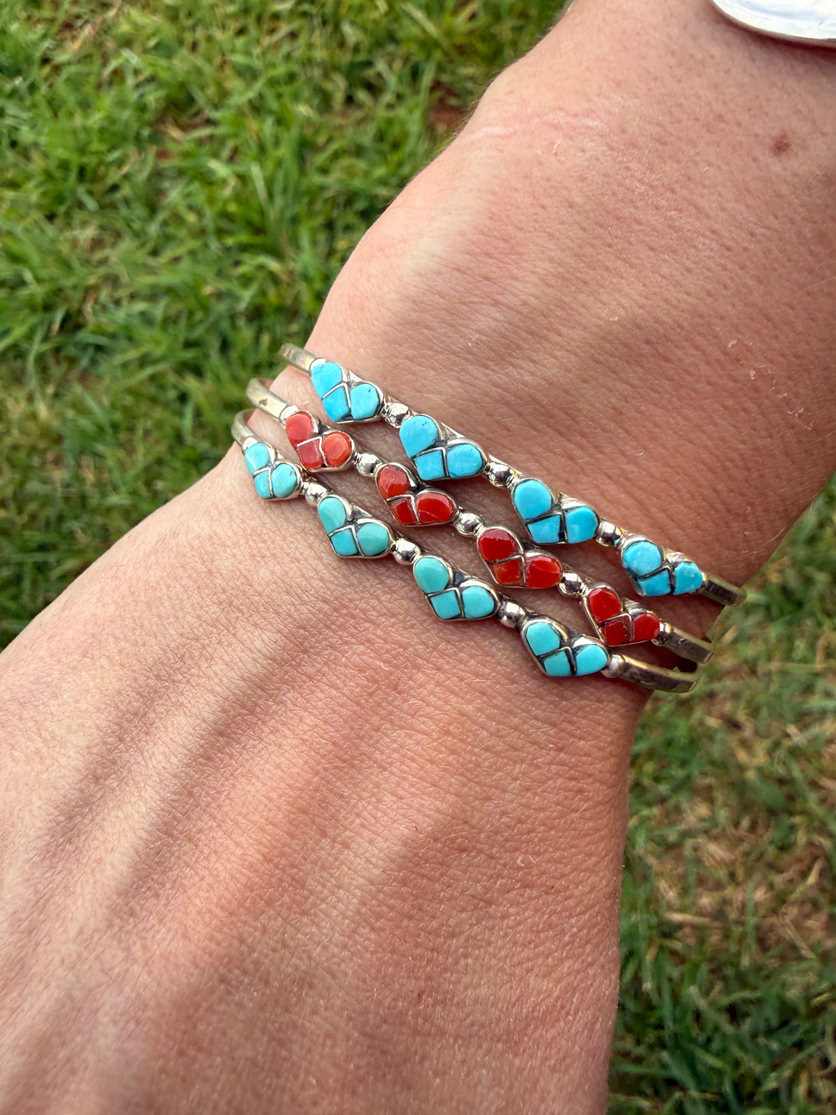 Zuni Heart Turquoise or Coral Stacker Sterling Silver Cuff