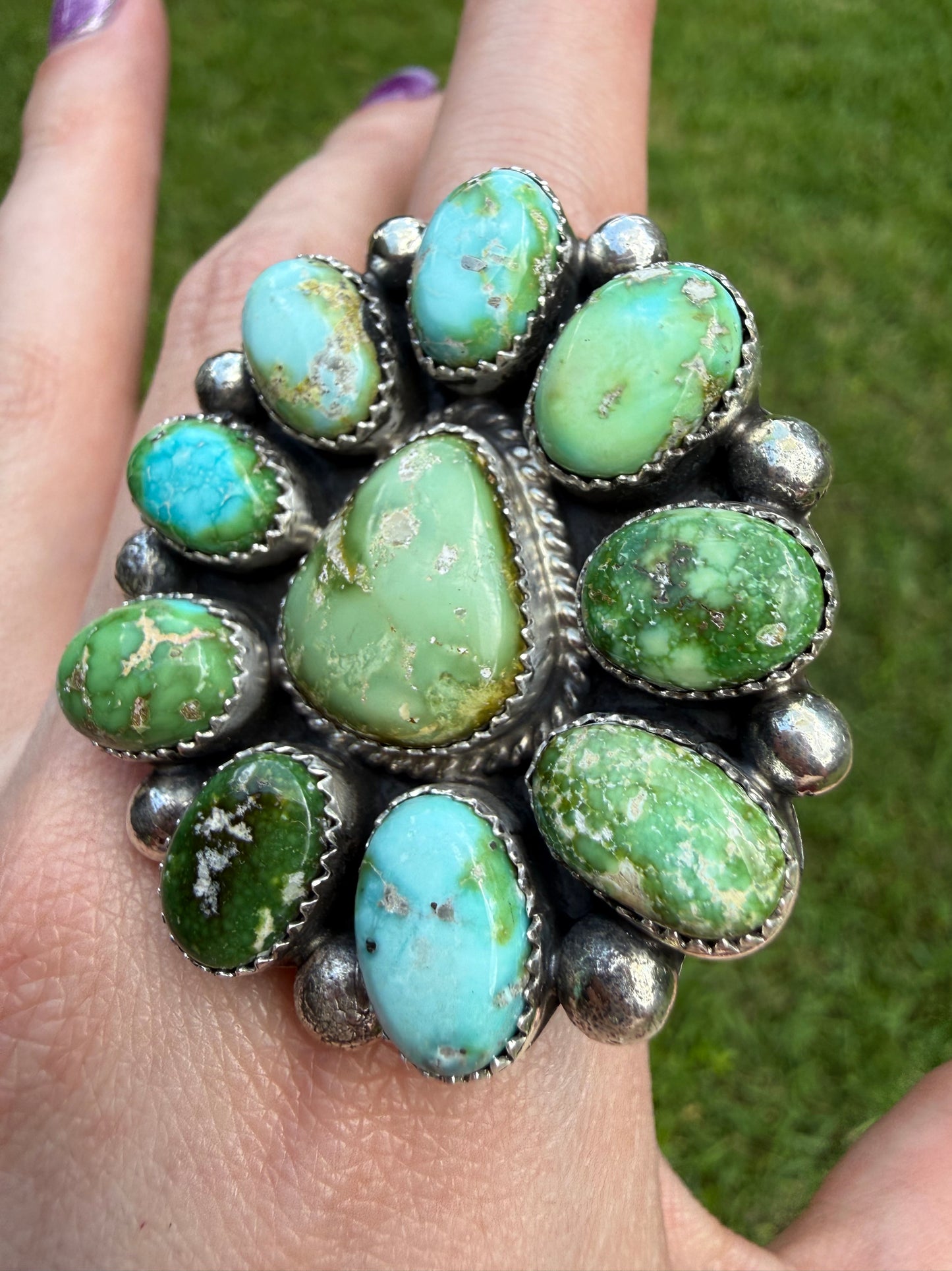 Native Sonoran Gold Turquoise Statement Full Flower Adjustable Sterling Silver Ring