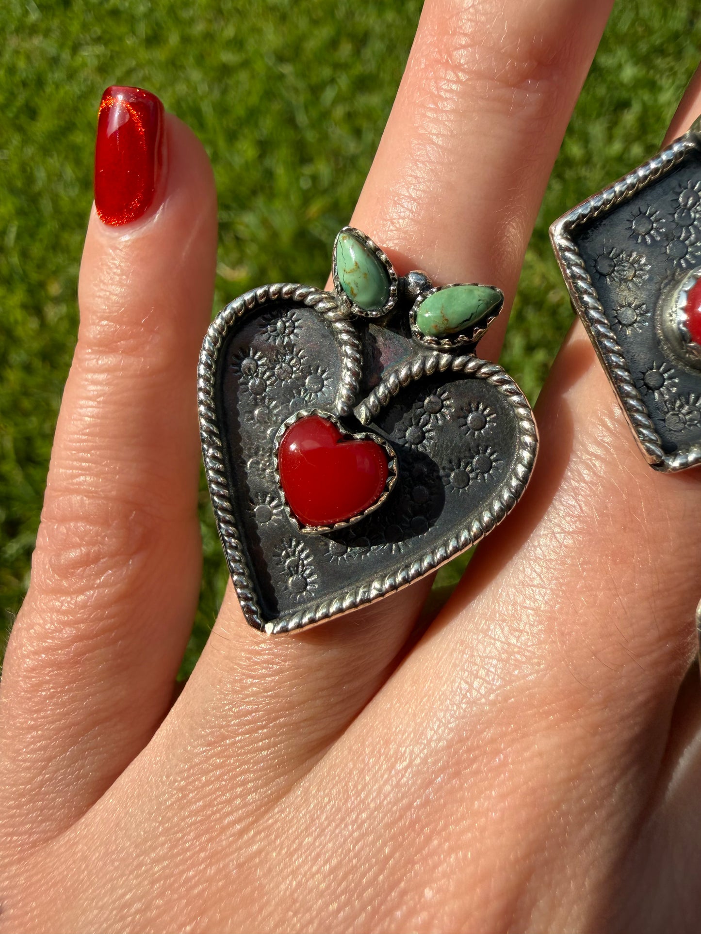 Kingman Turquoise and Red Rosarita Cherry Sterling Silver Adjustable Ring