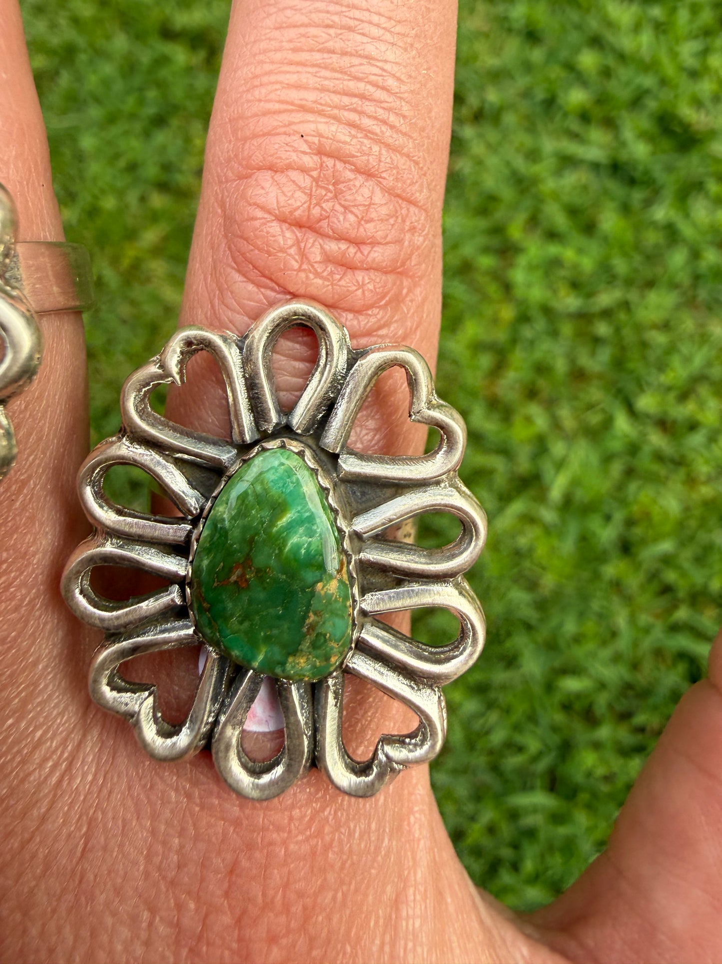 Sonoran Gold Turquoise Heart Daisy Flower Sterling Silver Adjustable Ring