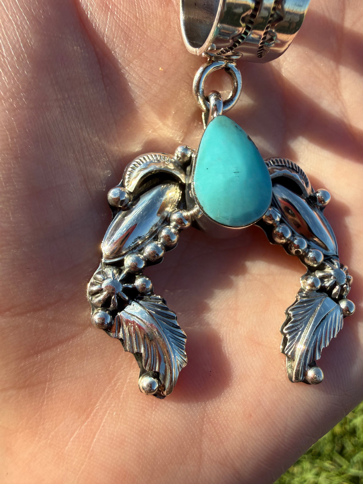 Navajo Turquoise Detailed Accent Naja Sterling Silver Handmade Pendant