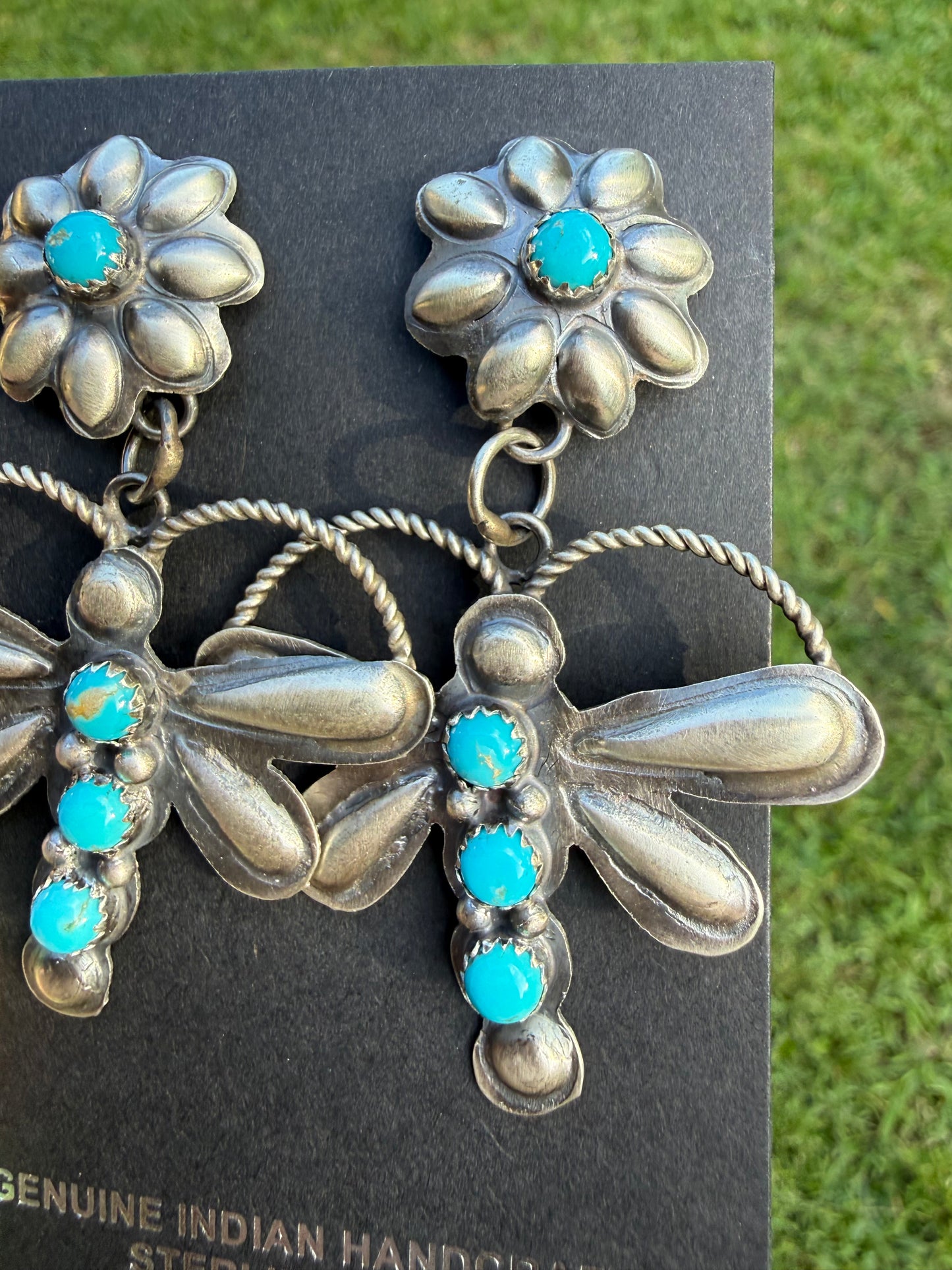 Navajo Turquoise Dragonfly Sterling Silver Earrings By Gabrielle Yazzie