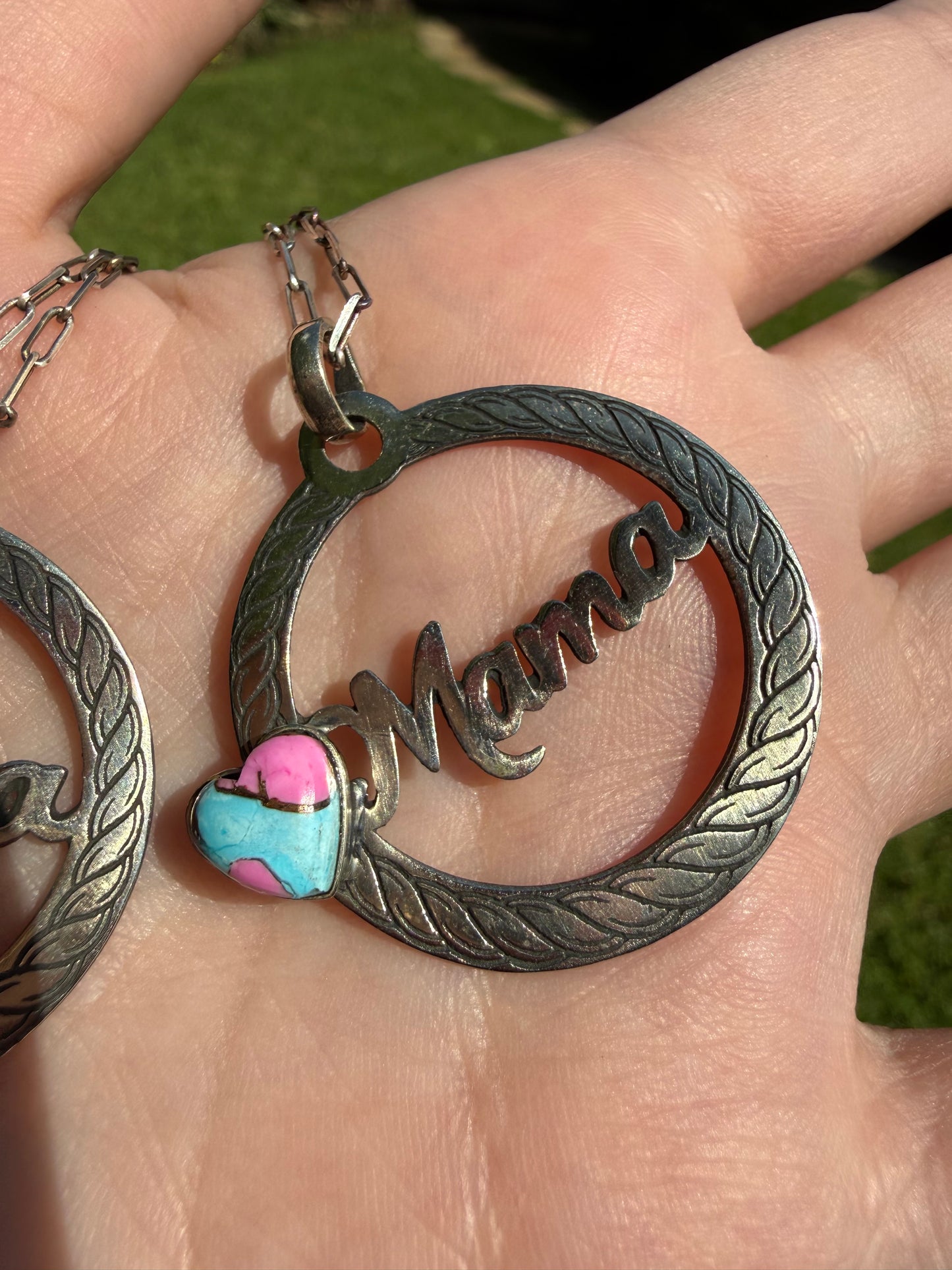Mama Turquoise Heart with Circle Rope Sterling Silver Plate Necklace