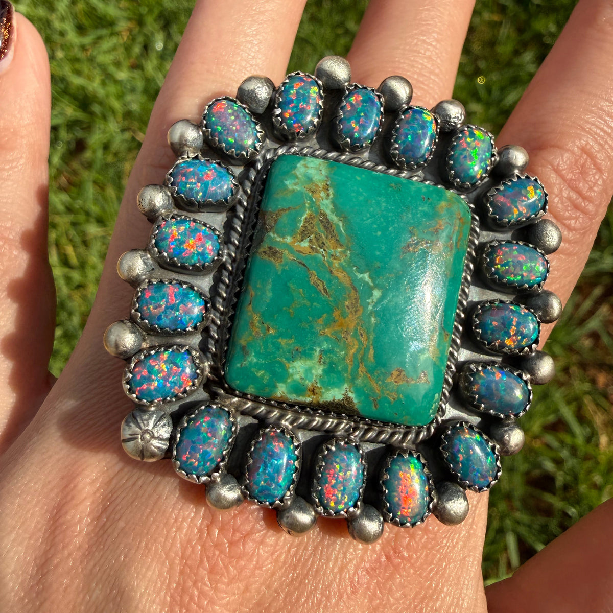 Navajo Turquoise and Balloon Opal Big Mama Square Sterling Silver Adjustable Statement Ring