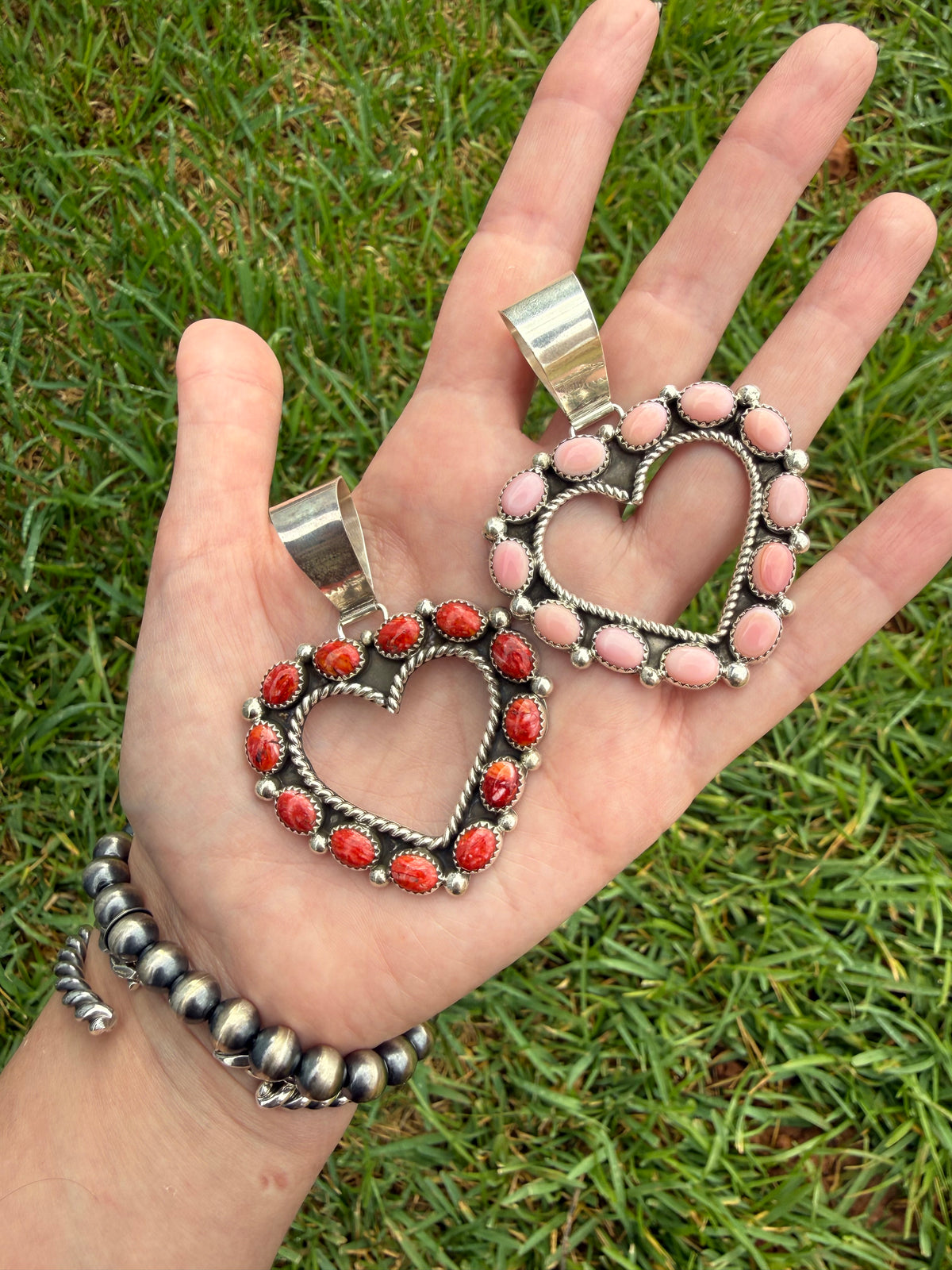 Navajo Pink Conch or Red Spiny Outline Heart Sterling Silver Pendant