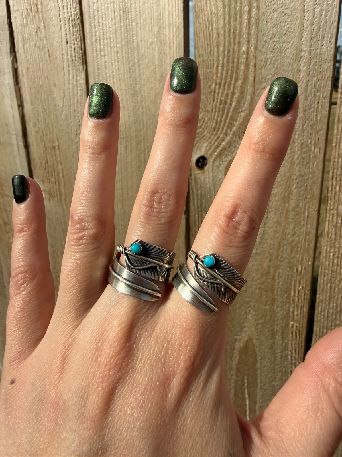 Navajo Single Turquoise Stone Feather Bypass Floater Sterling Silver Ring