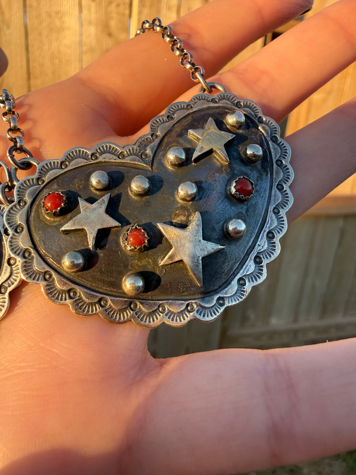 Navajo Turquoise or Coral Star Heart Cluster Sterling Silver Handmade Necklace