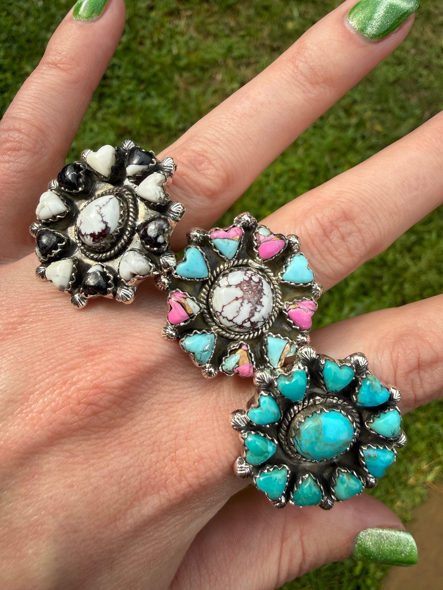 Kingman Turquoise, Cotton Candy and White Buffalo Wild Horse Heart Adjustable Ring