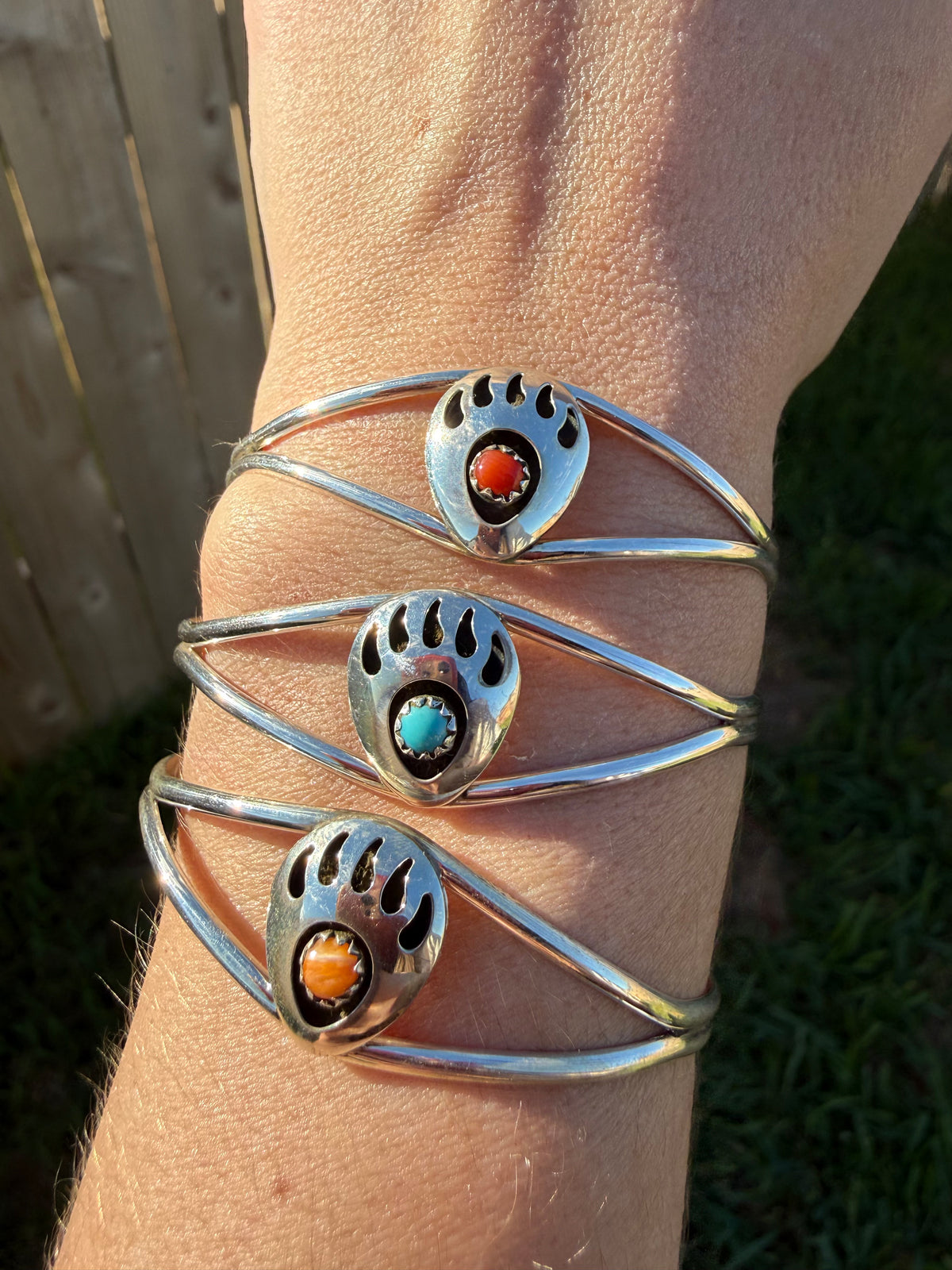 Navajo Turquoise, Orange Spiny or Coral Bear Paw Sterling Silver Handmade Cuff Bracelet