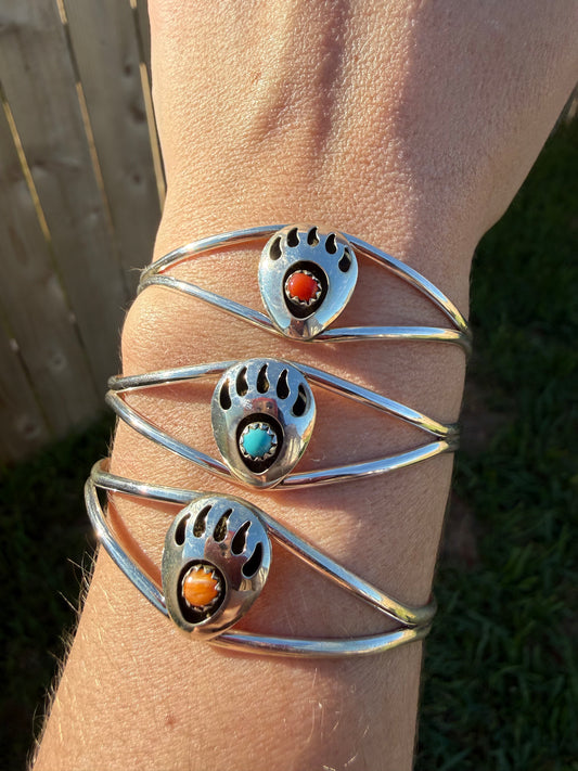 Navajo Turquoise, Orange Spiny or Coral Bear Paw Sterling Silver Handmade Cuff Bracelet