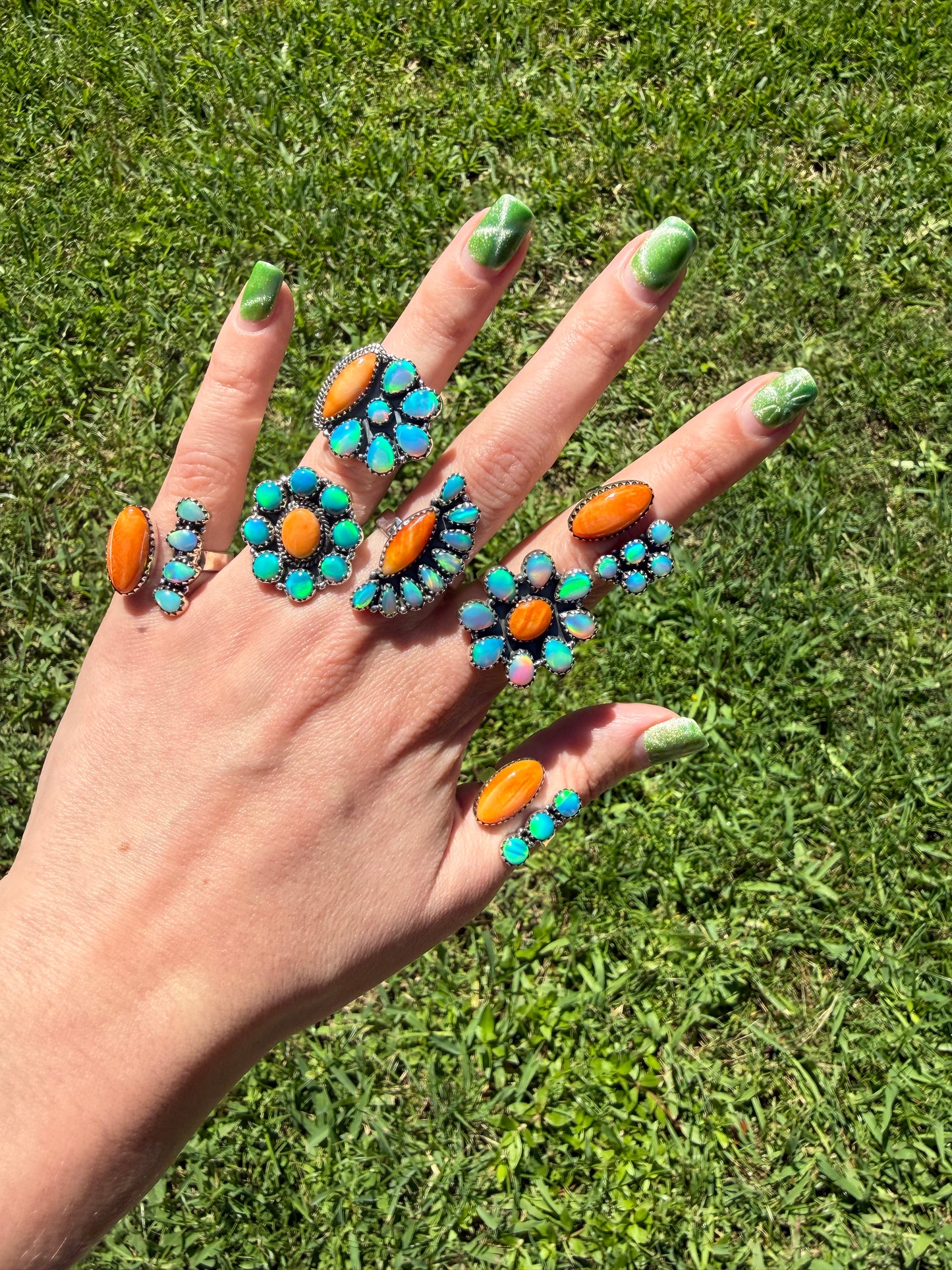 Orange Spiny And Balloon Opal Sterling Silver Rings
