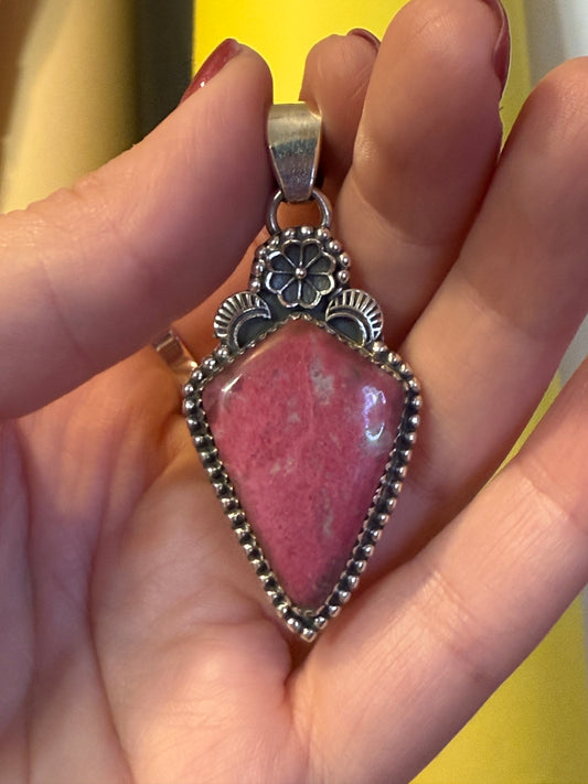 Thulite Pink Flower Accent Sterling Silver 925 Pendant