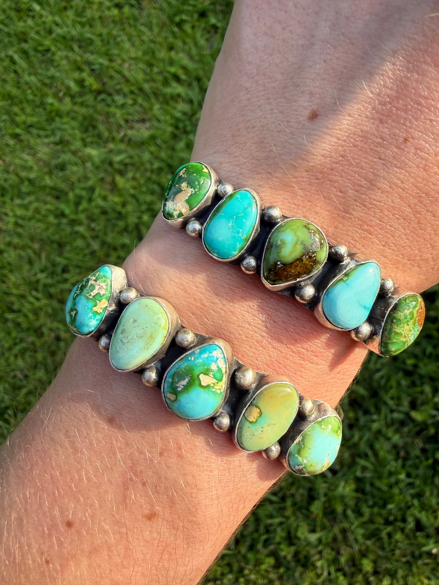 Navajo Sonoran Gold Turquoise 5 Stone Sterling Silver Cuff Bracelet