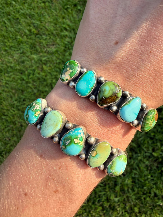 Navajo Sonoran Gold Turquoise 5 Stone Sterling Silver Cuff Bracelet by Darrell Morgan
