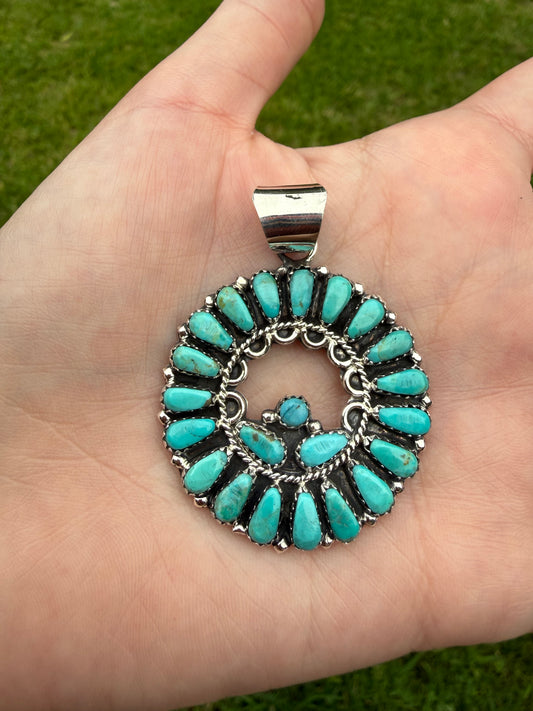 Navajo Native Turquoise Circle Cluster Sterling Silver Pendant