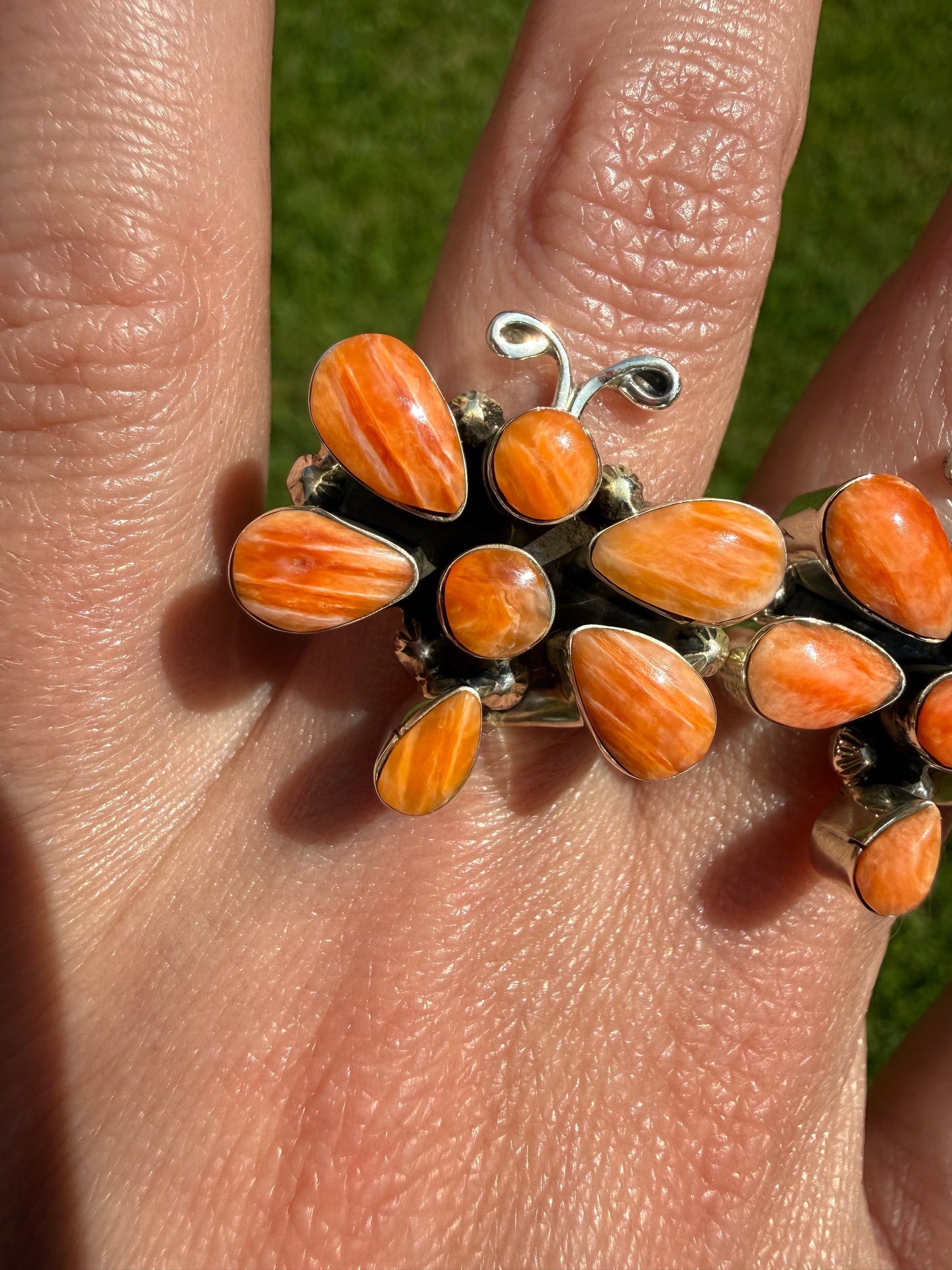 Navajo Orange Spiny Dragonfly Sterling Silver Ring