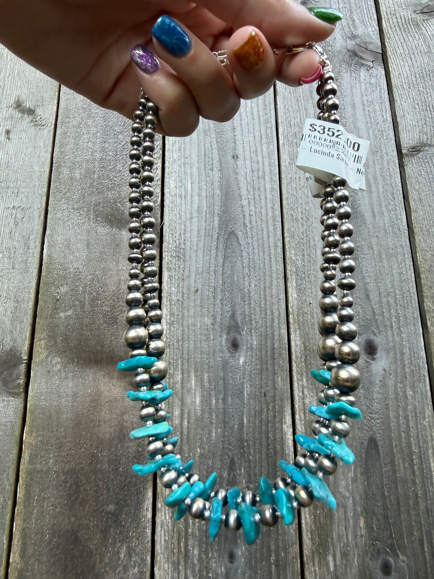 Navajo Turquoise Chip and Machine Made Sterling Silver Pearl Necklace