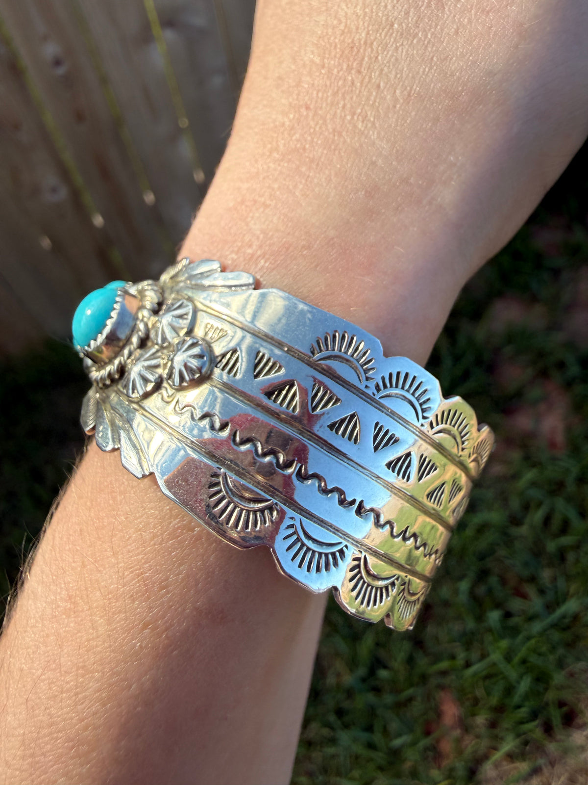 Navajo 3 Stone Thick Sterling Silver Detailed Accent Stamped Sterling Silver Cuff by Jason Bahe